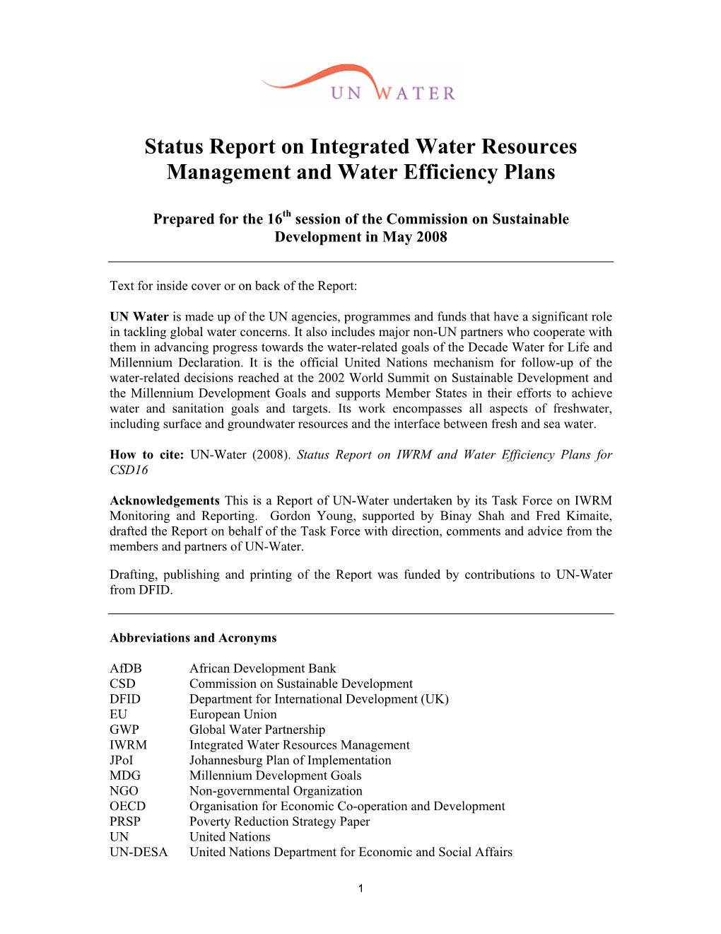 Status Report on Integrated Water Resources Management and Water Efficiency Plans