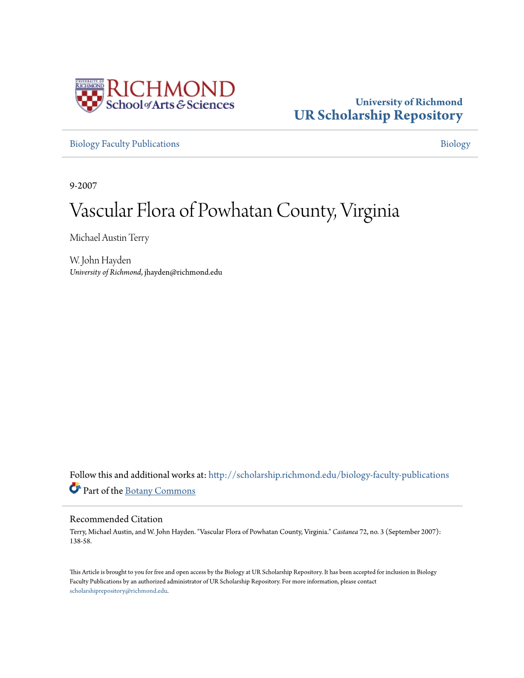 Vascular Flora of Powhatan County, Virginia Michael Austin Terry