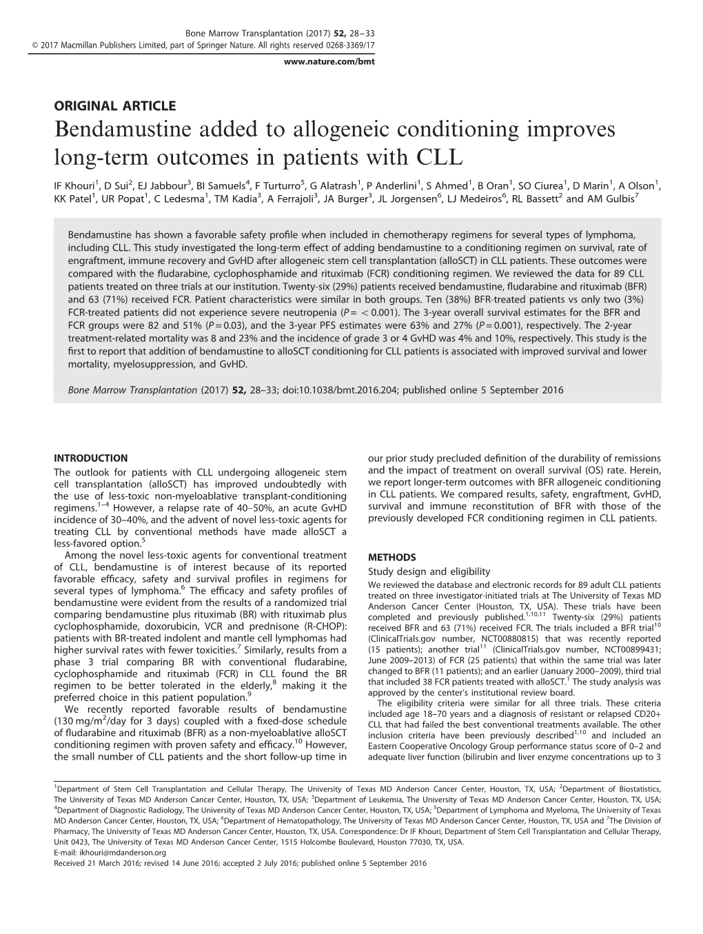 Bendamustine Added to Allogeneic Conditioning Improves Long-Term Outcomes in Patients with CLL