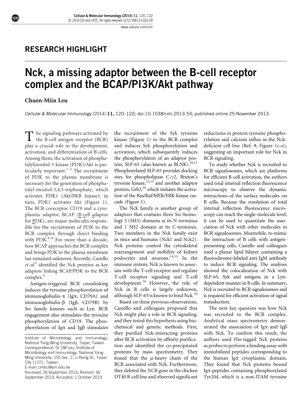 Nck, a Missing Adaptor Between the B-Cell Receptor Complex and the BCAP/PI3K/Akt Pathway