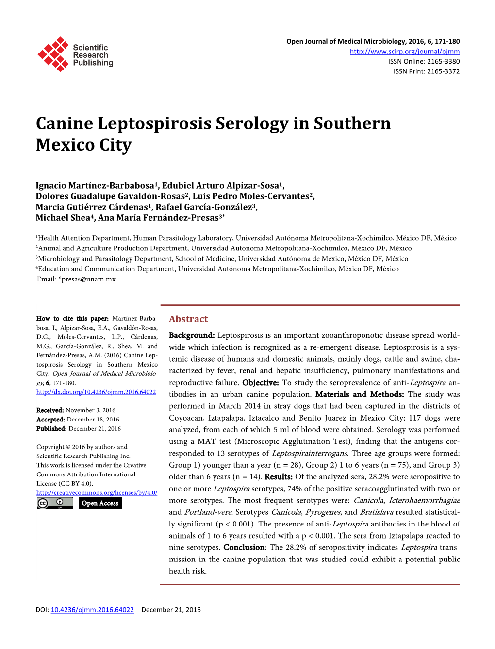 Canine Leptospirosis Serology in Southern Mexico City