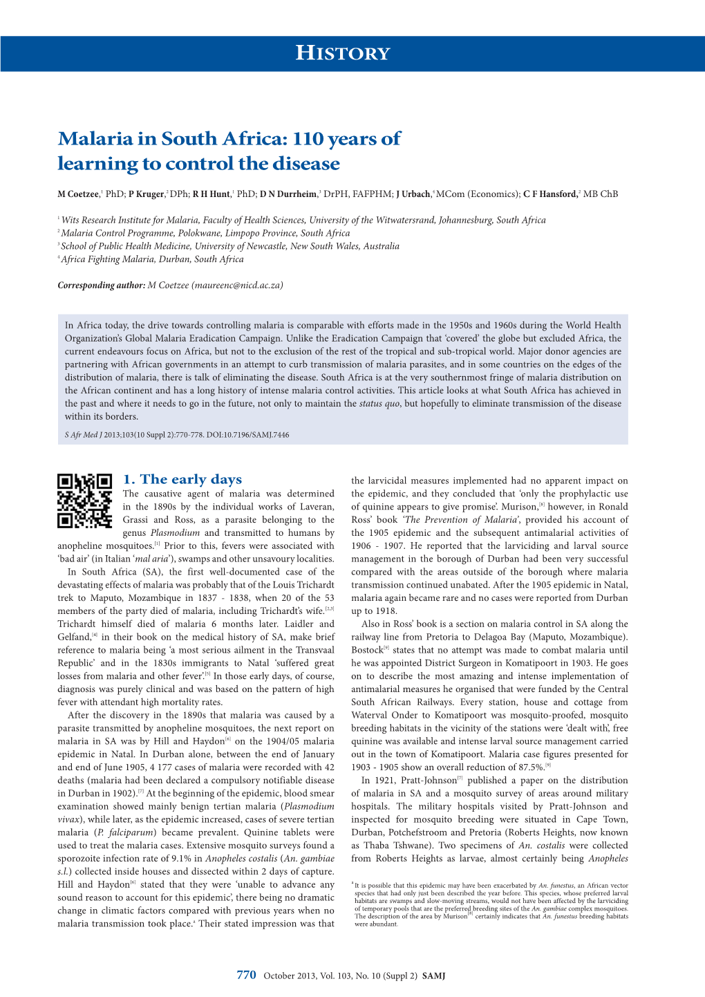 Malaria in South Africa: 110 Years of Learning to Control the Disease