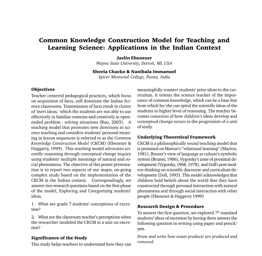 Common Knowledge Construction Model for Teaching and Learning Science: Applications in the Indian Context