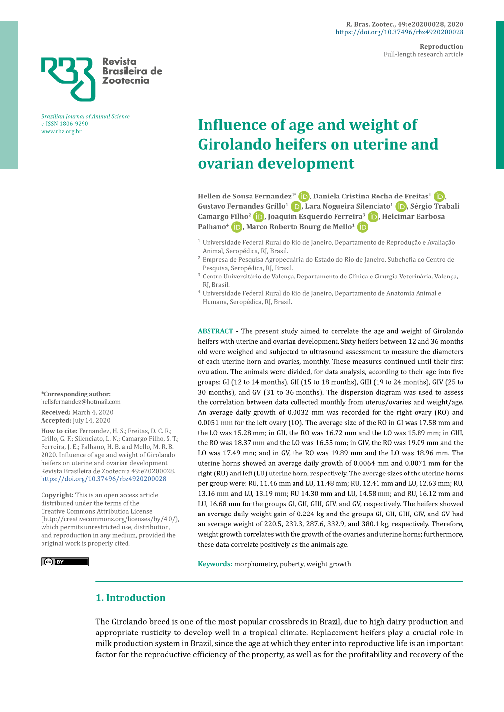 Influence of Age and Weight of Girolando Heifers on Uterine and Ovarian Development