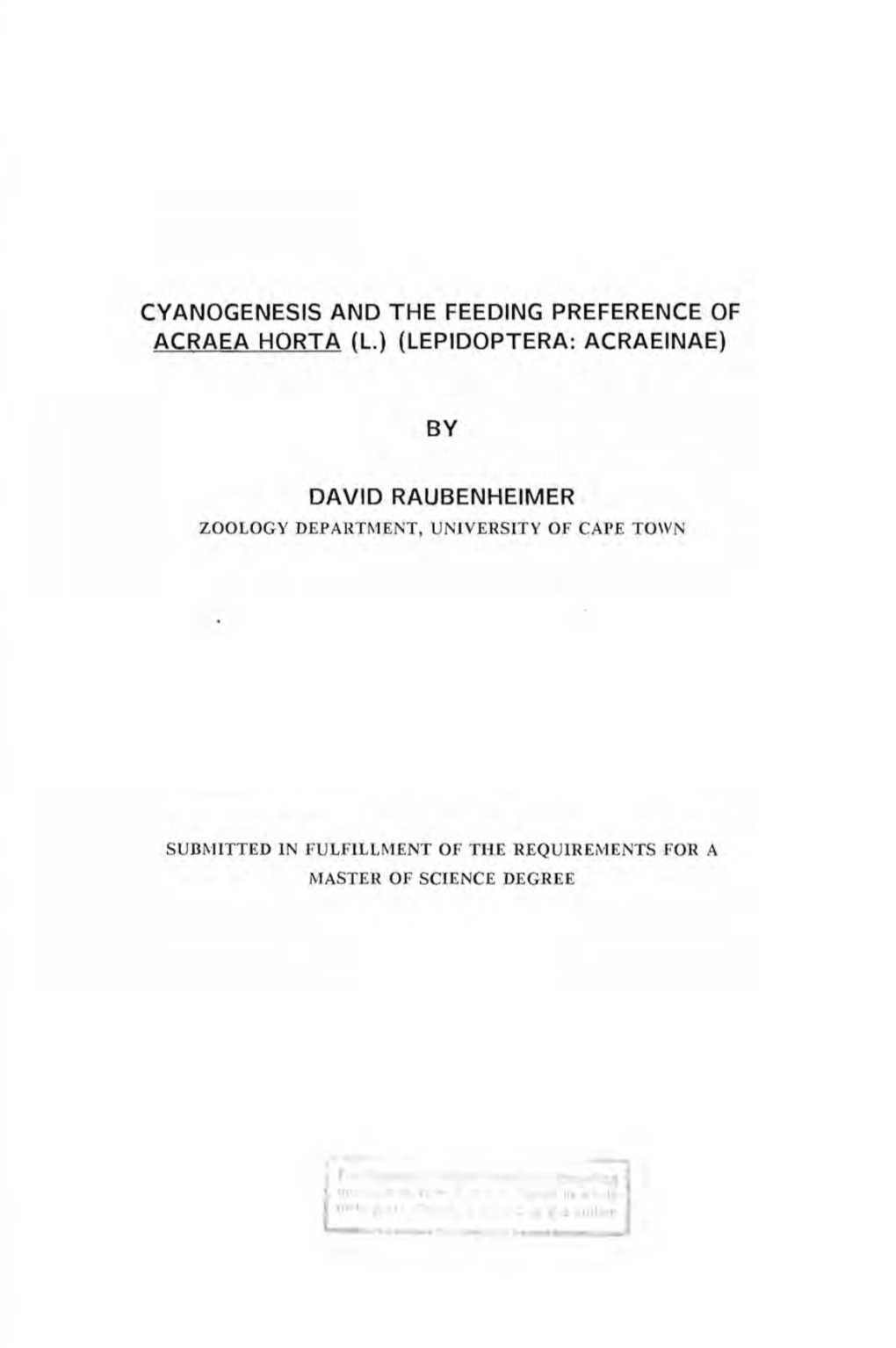 Cyanogenesis and the Feeding Preference of Acraea Horta (L.) (Lepidoptera: Acraeinae)