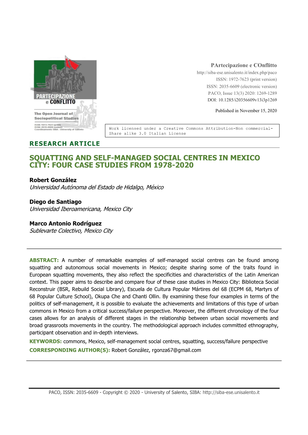 Squatting and Self-Managed Social Centres in Mexico City: Four Case Studies from 1978-2020