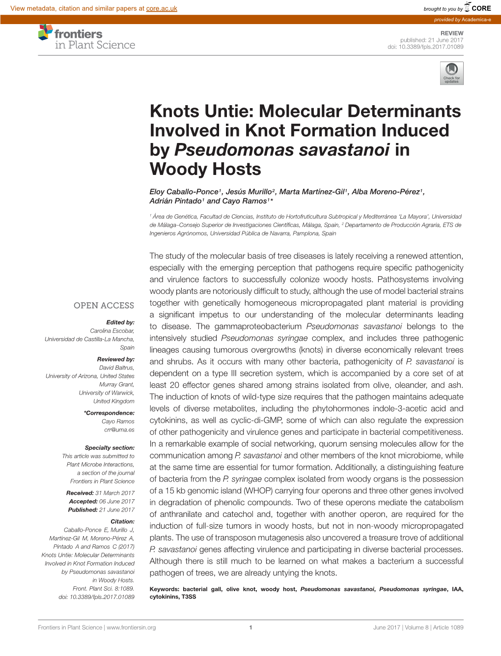 Knots Untie: Molecular Determinants Involved in Knot Formation Induced by Pseudomonas Savastanoi in Woody Hosts