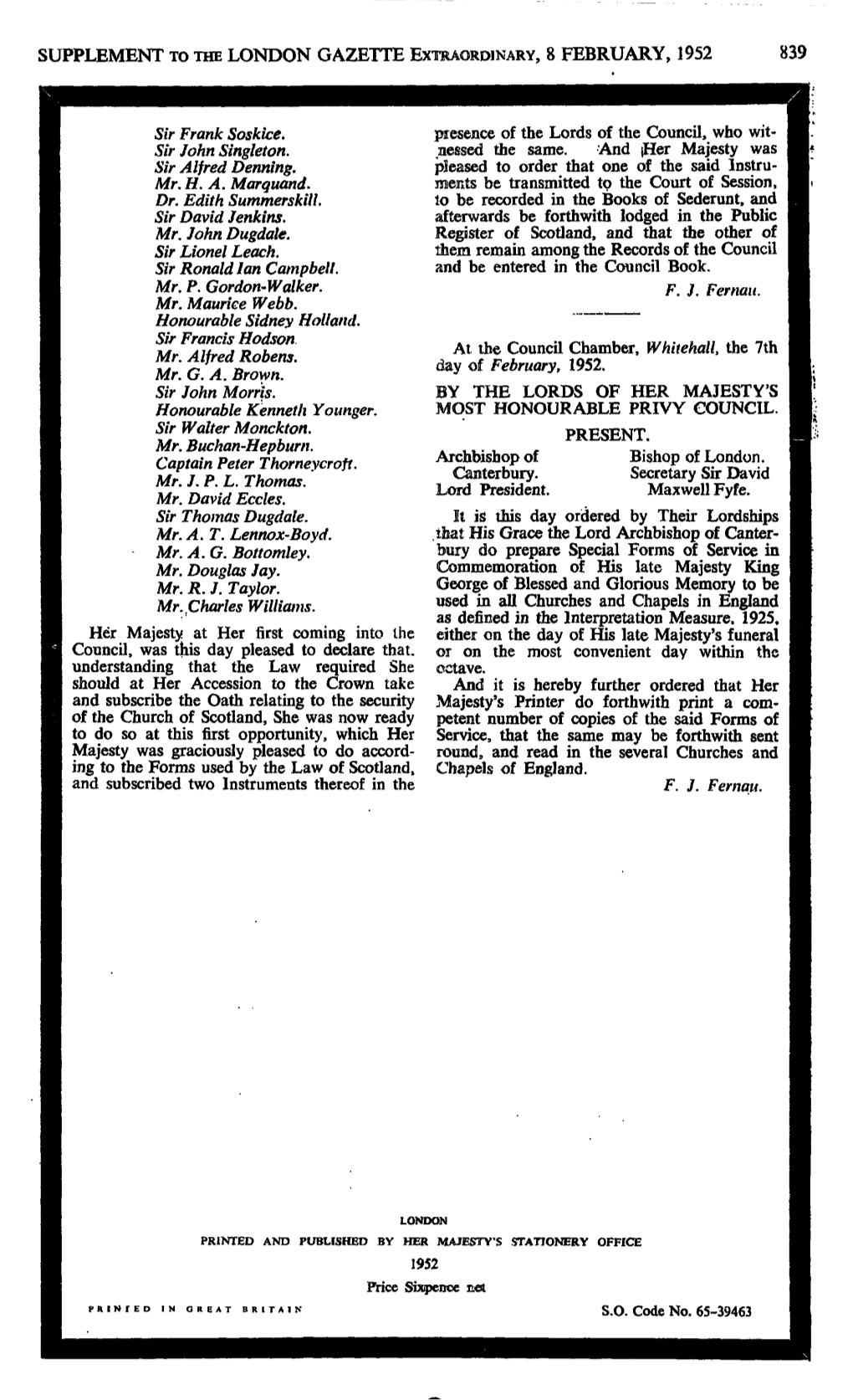 Supplement to the London Gazette Extraordinary, 8 February, 1952 839