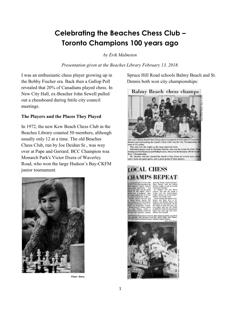 Celebrating the Beaches Chess Club – Toronto Champions 100 Years Ago