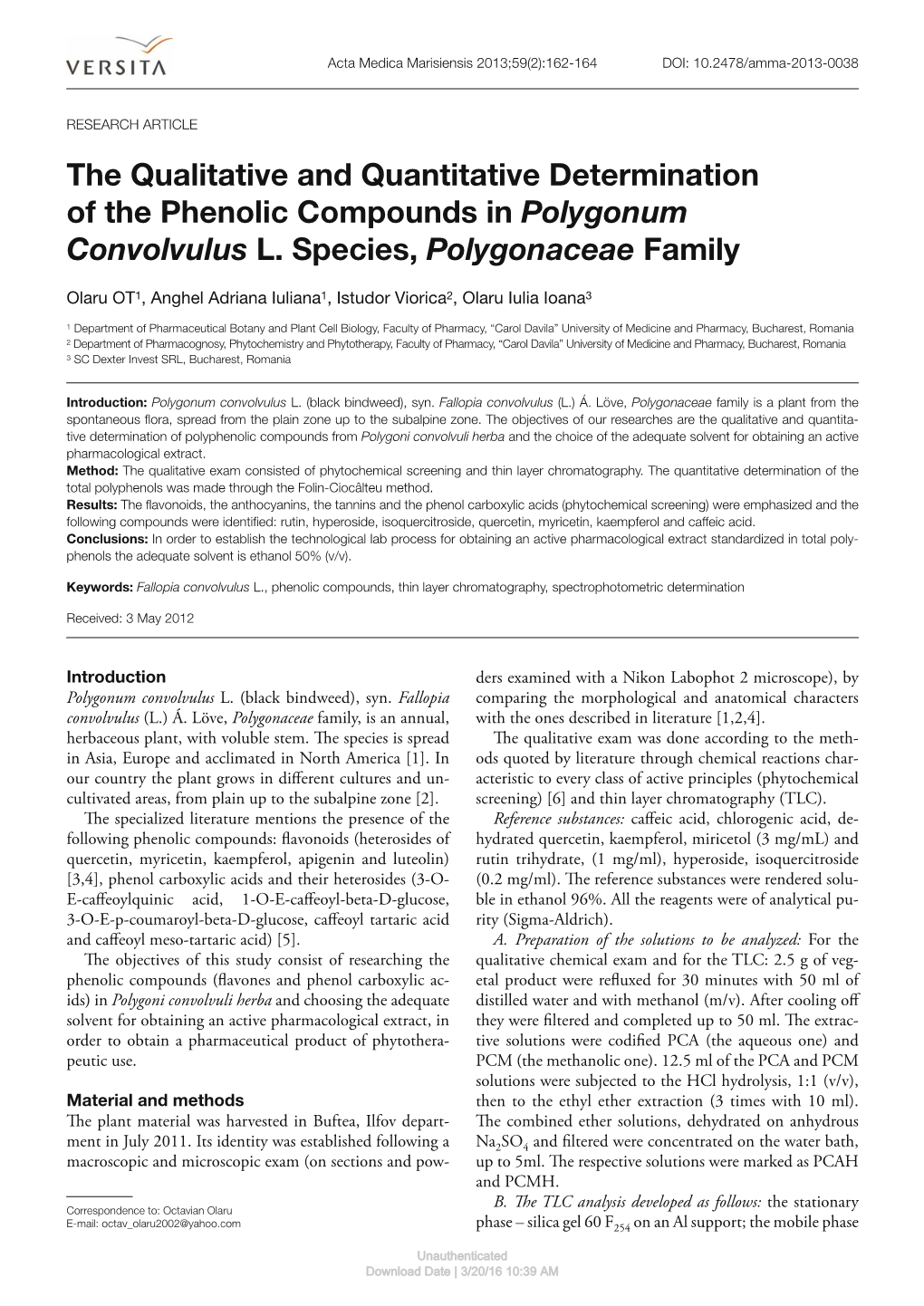 The Qualitative and Quantitative Determination of the Phenolic Compounds in Polygonum Convolvulus L