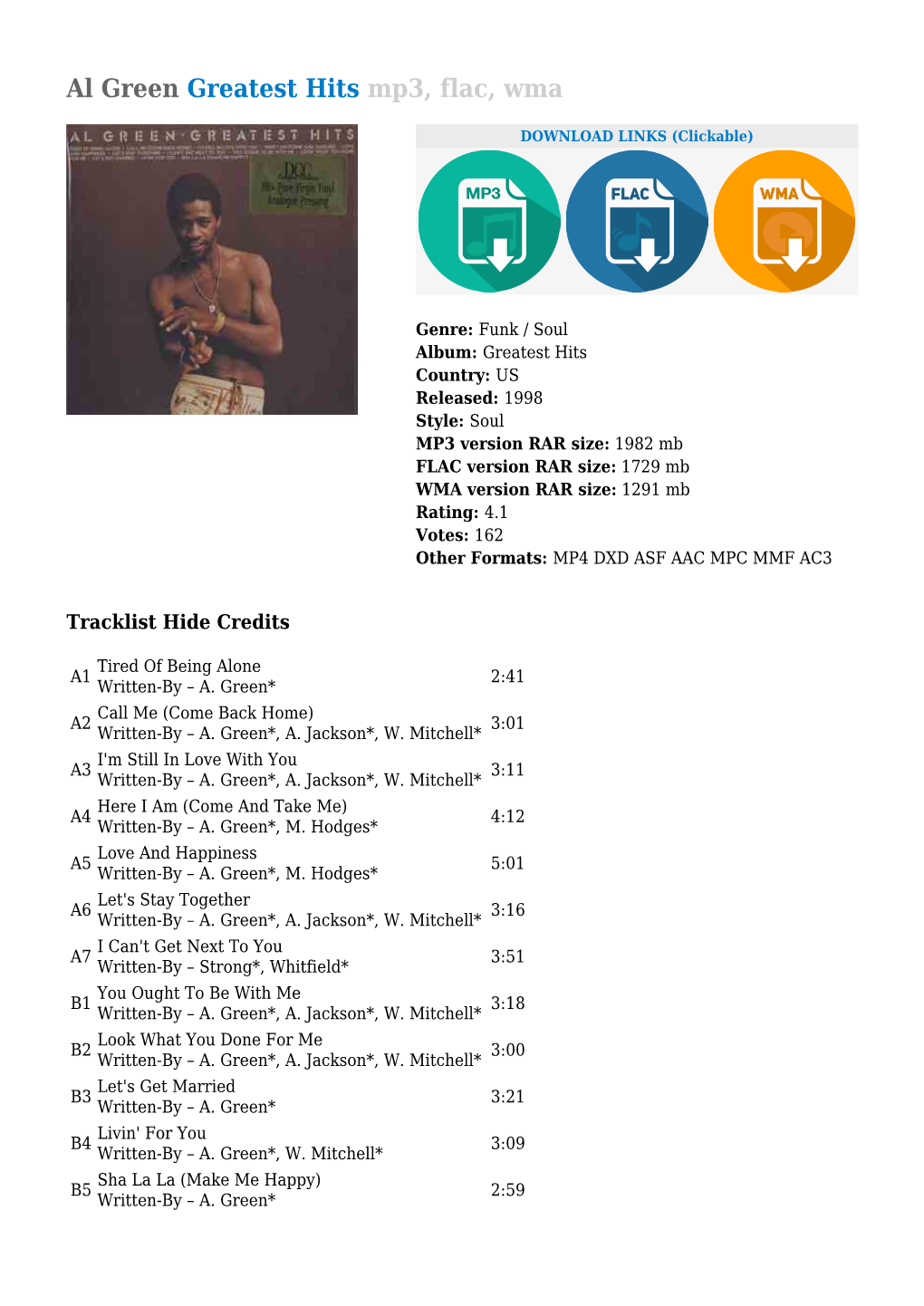 Al Green Greatest Hits Mp3, Flac, Wma