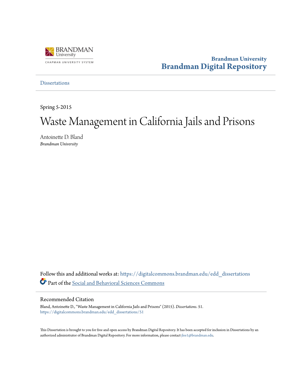 Waste Management in California Jails and Prisons Antoinette D