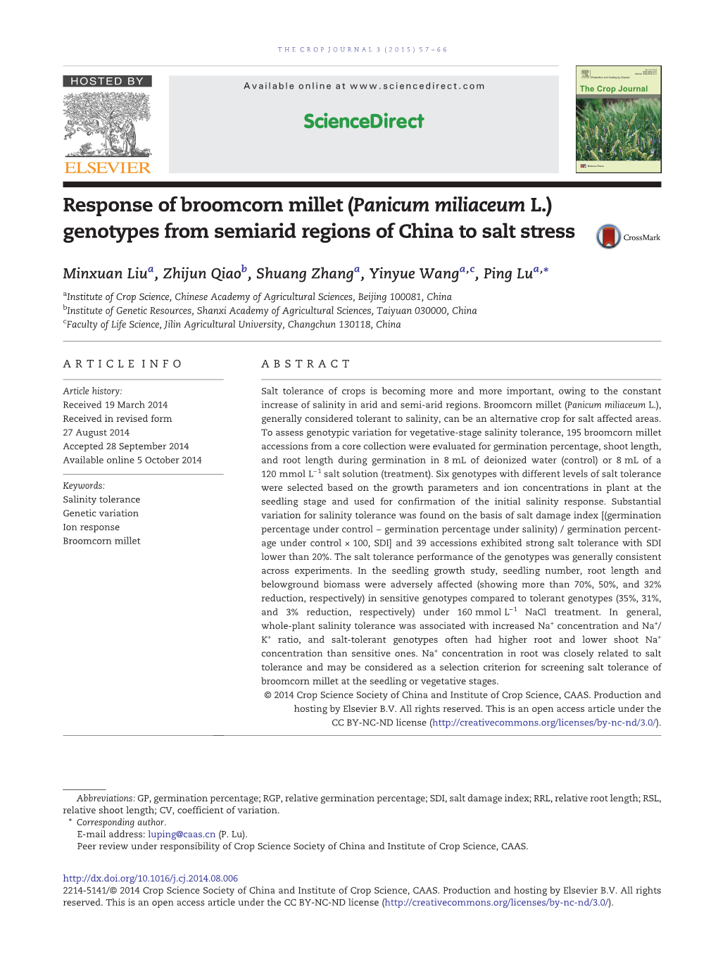 Response of Broomcorn Millet (Panicum Miliaceum L.) Genotypes from Semiarid Regions of China to Salt Stress