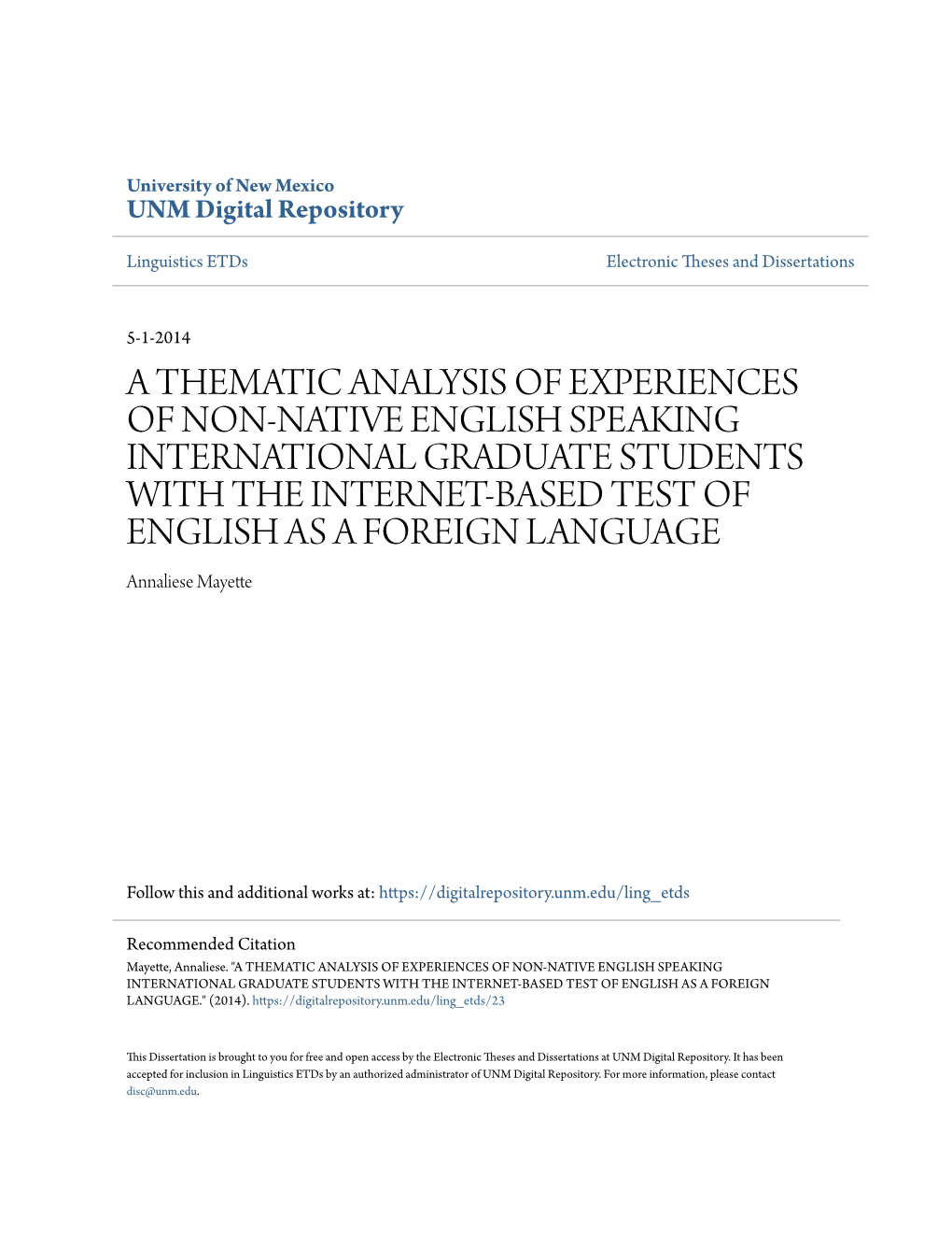 A Thematic Analysis of Experiences of Non-Native