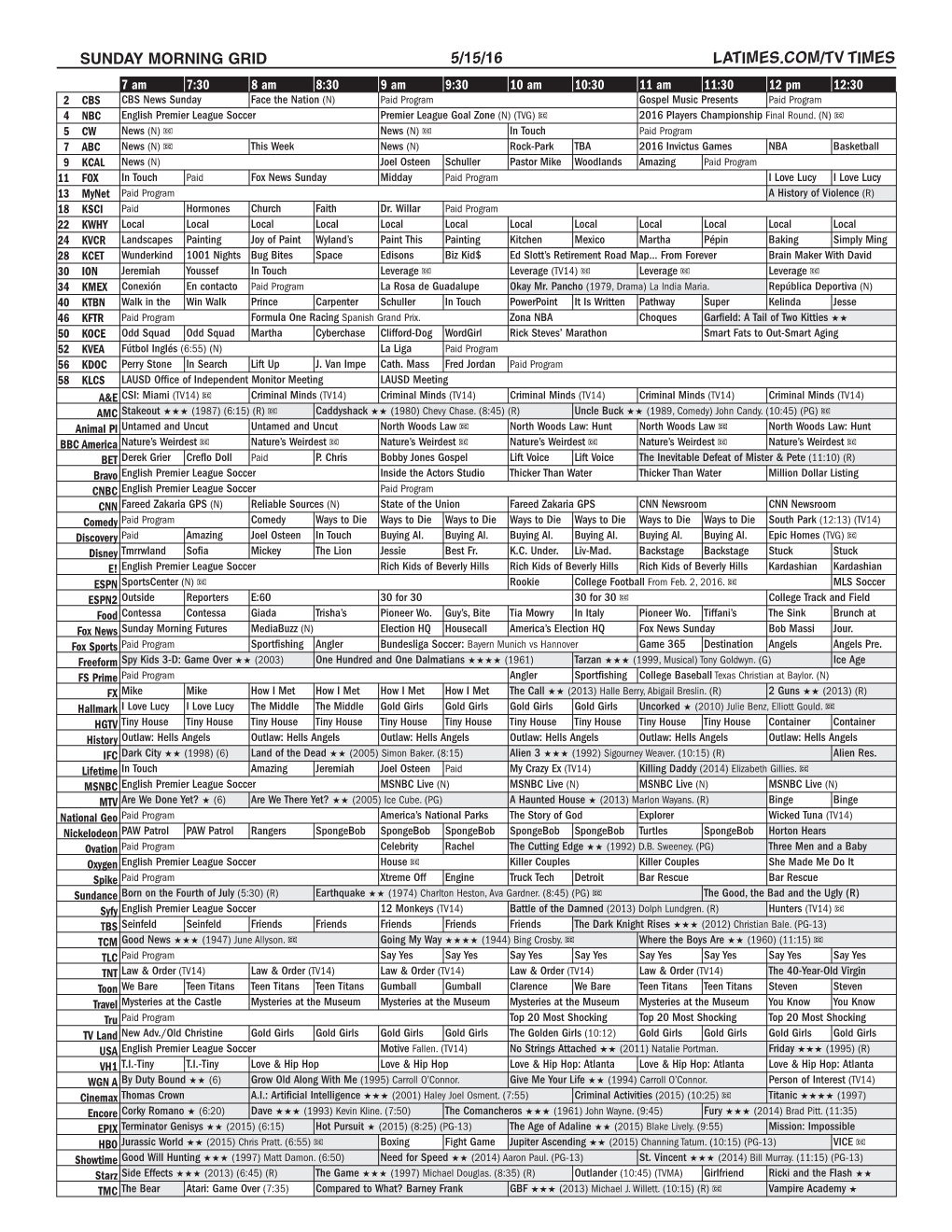 Sunday Morning Grid 5/15/16 Latimes.Com/Tv Times