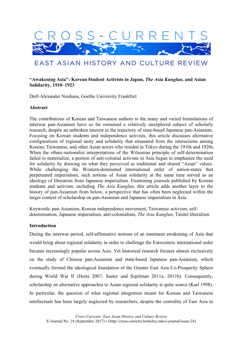 Awakening Asia”: Korean Student Activists in Japan, the Asia Kunglun, and Asian Solidarity, 1910–1923