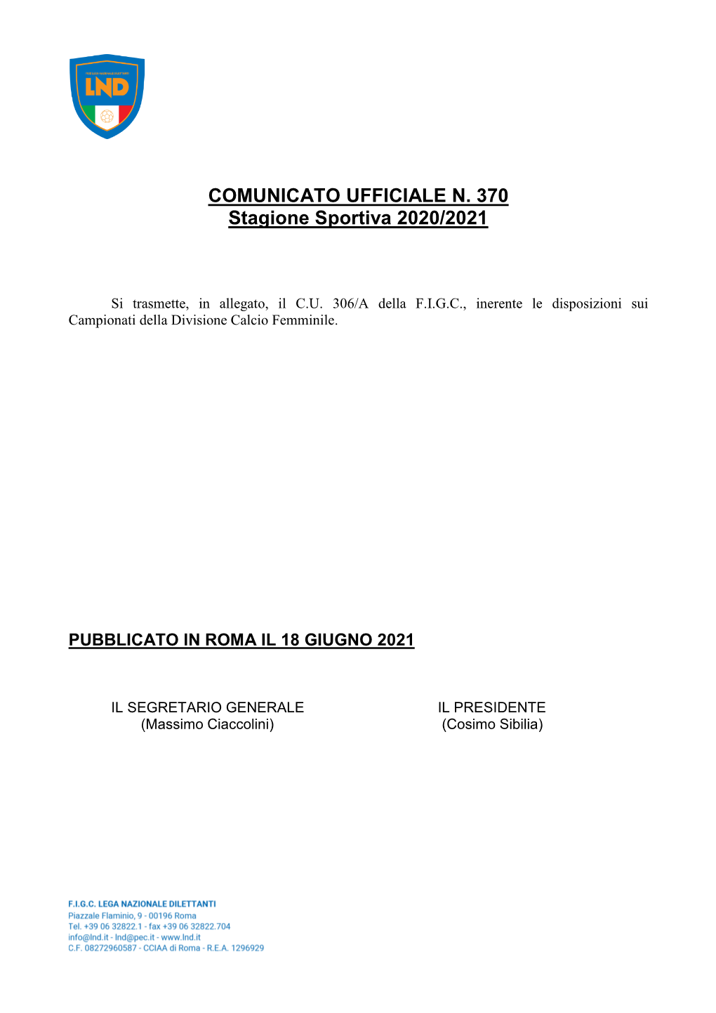 COMUNICATO UFFICIALE N. 370 Stagione Sportiva 2020/2021