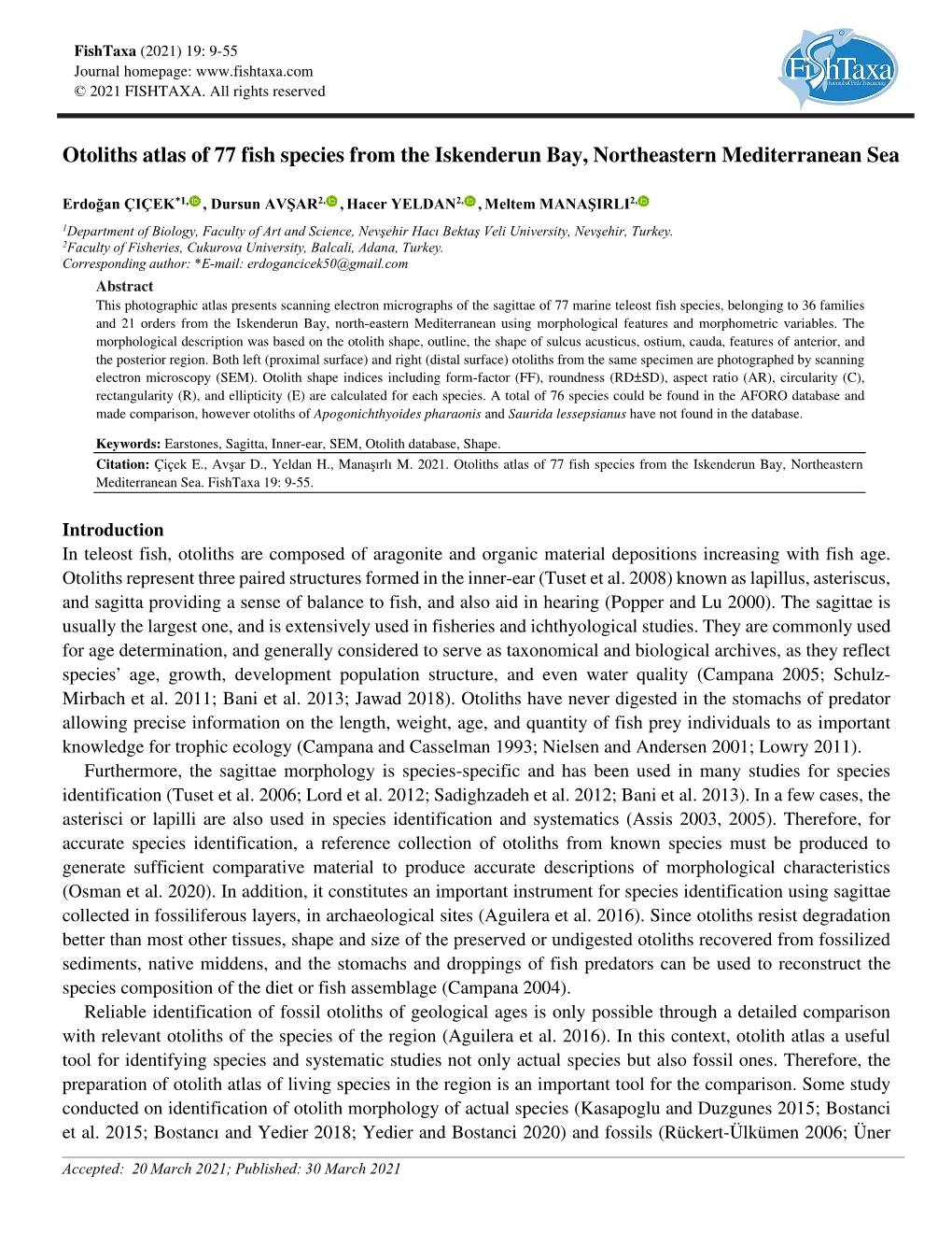 Otoliths Atlas of 77 Fish Species from the Iskenderun Bay, Northeastern Mediterranean Sea