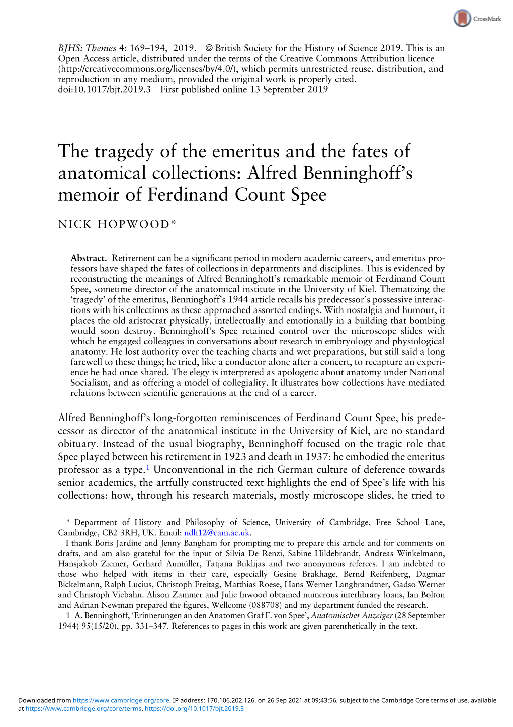 Alfred Benninghoff's Memoir of Ferdinand Count Spee