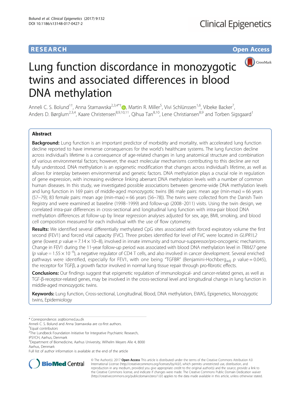 Lung Function Discordance in Monozygotic Twins and Associated Differences in Blood DNA Methylation Anneli C