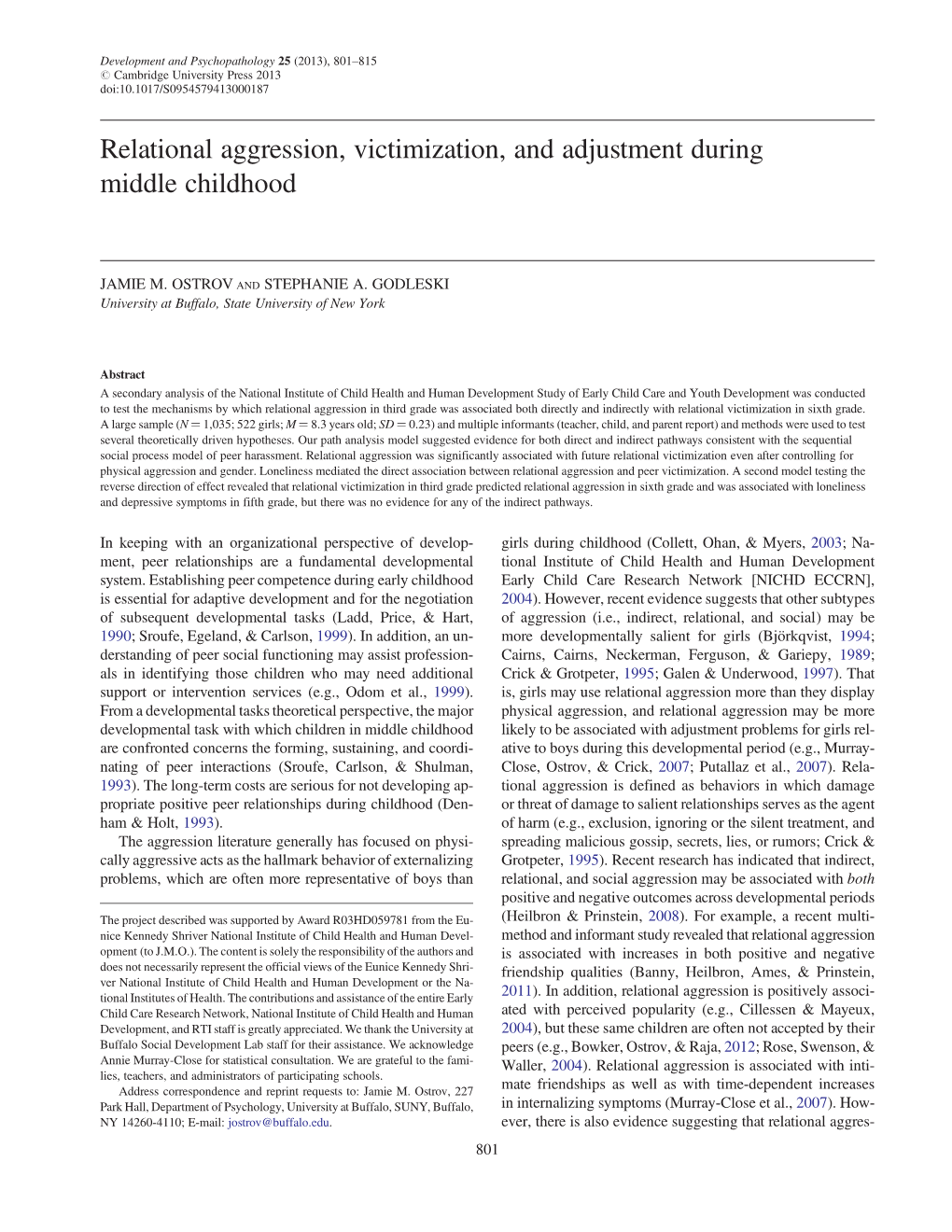Relational Aggression, Victimization, and Adjustment During Middle Childhood
