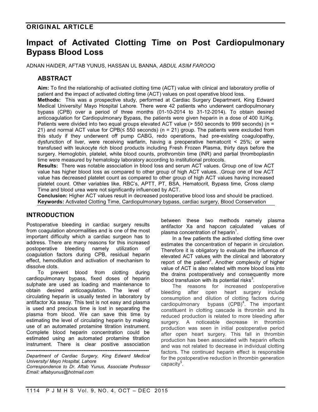 1114 Impact of Activated Clotting Time on Post Cardiopulmonary Bypass