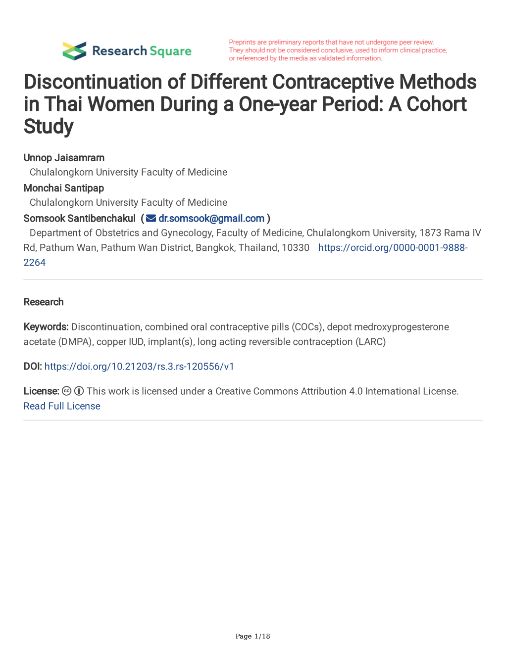Discontinuation of Different Contraceptive Methods in Thai Women During a One-Year Period: a Cohort Study