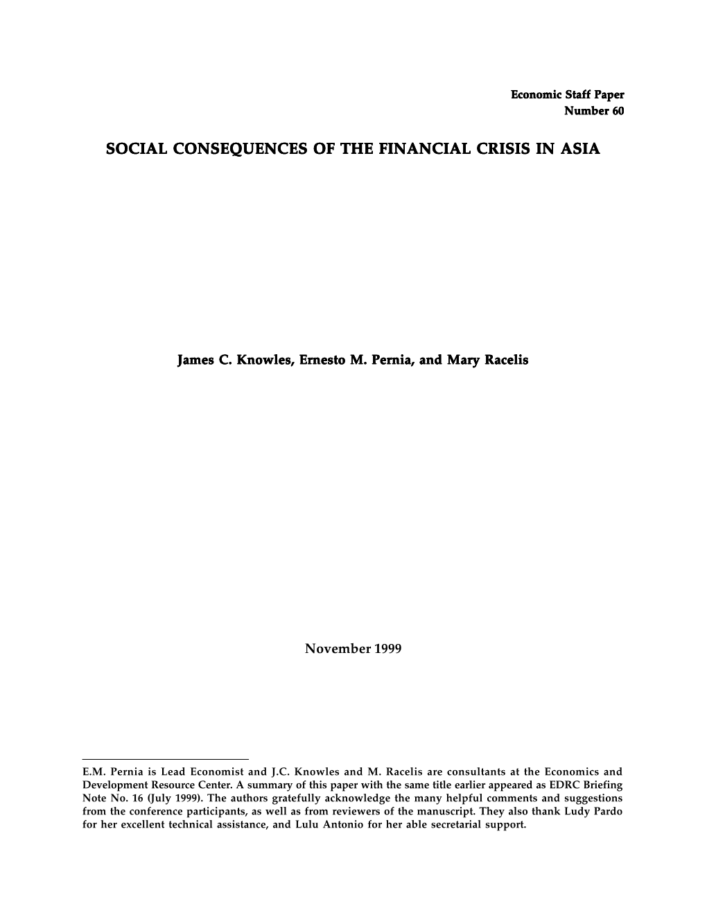 Social Consequences of the Financial Crisis in Asia