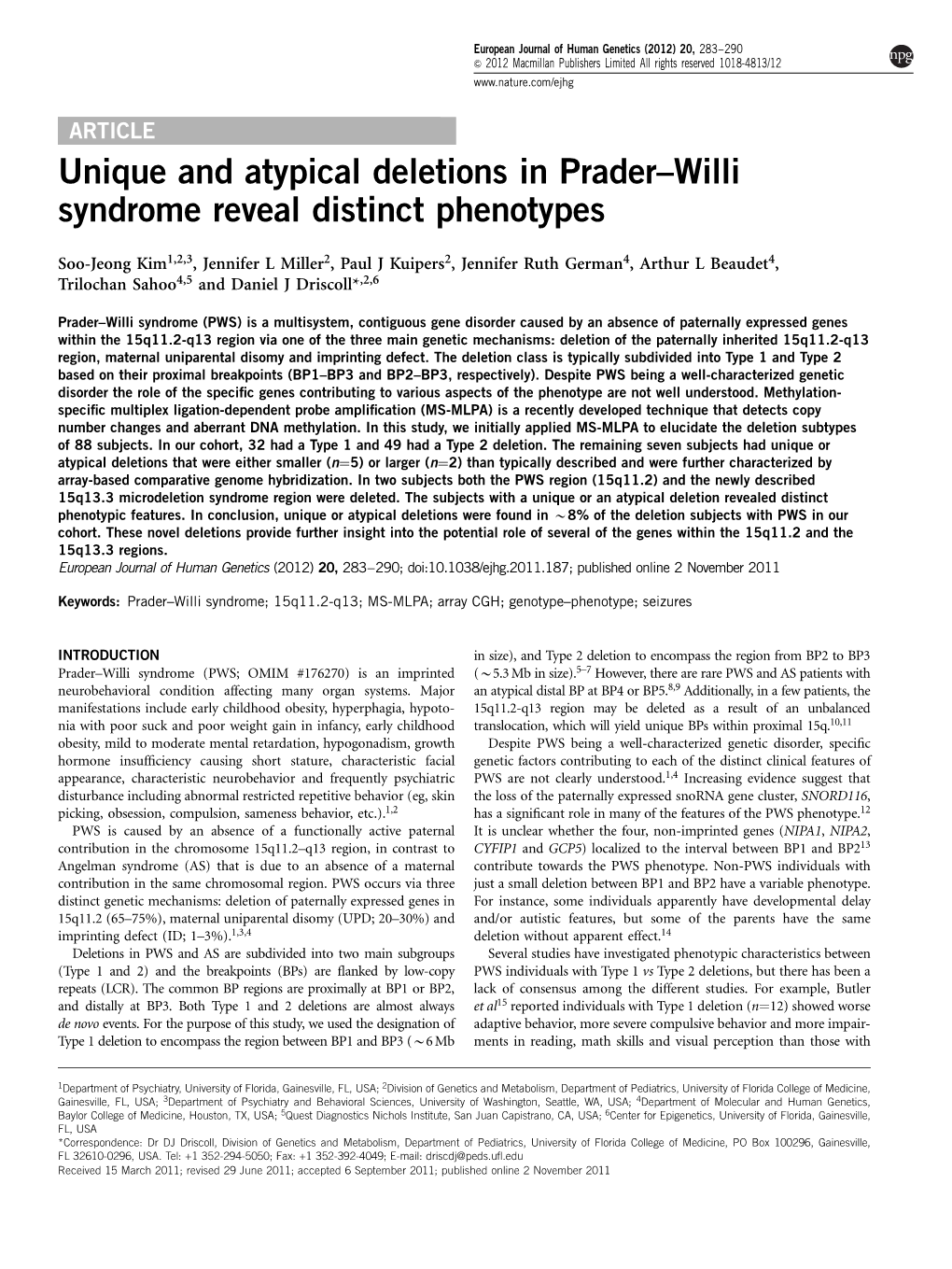 Unique and Atypical Deletions in Prader&Ndash;Willi Syndrome Reveal Distinct Phenotypes