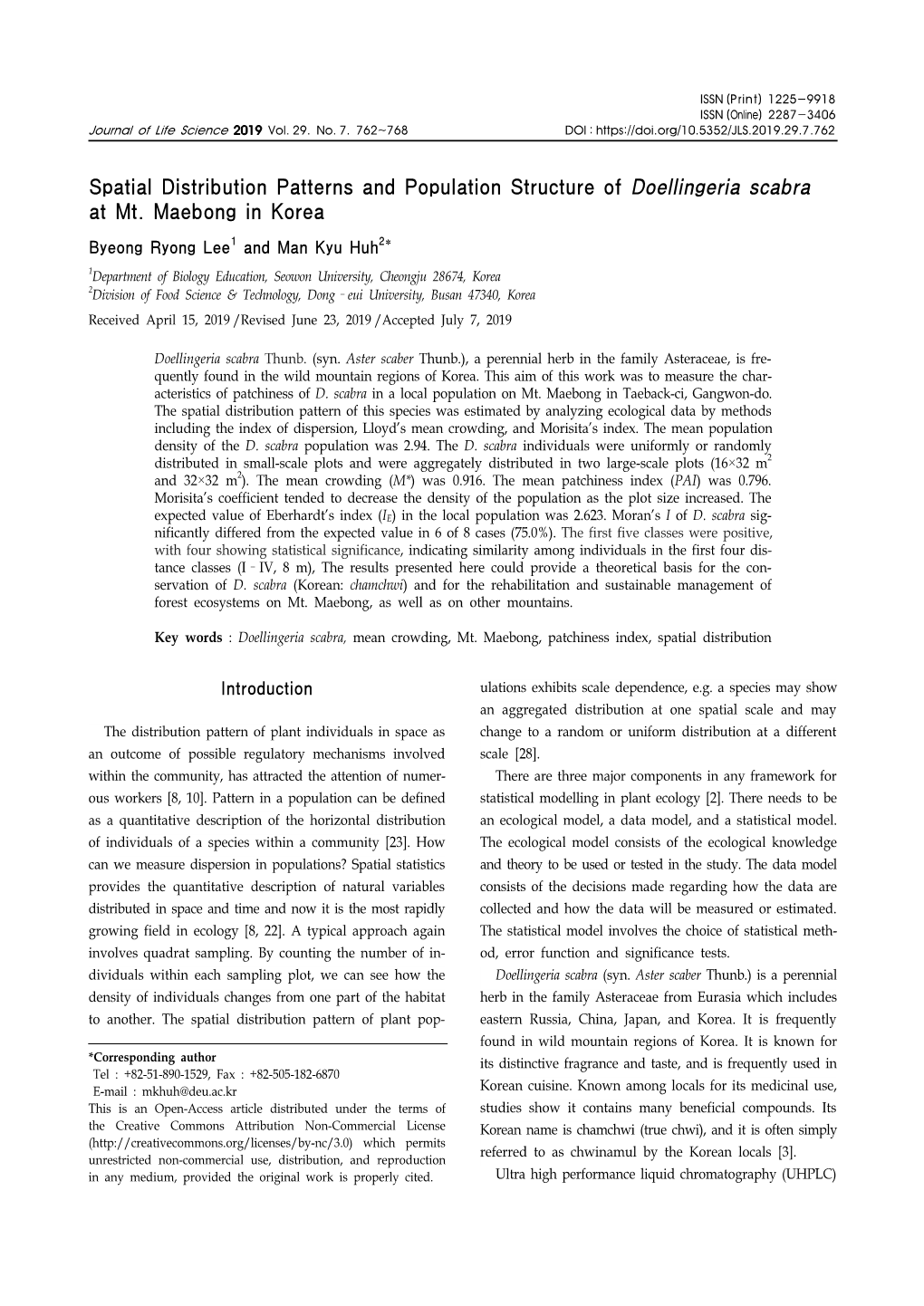 Spatial Distribution Patterns and Population Structure of Doellingeria Scabra at Mt. Maebong in Korea