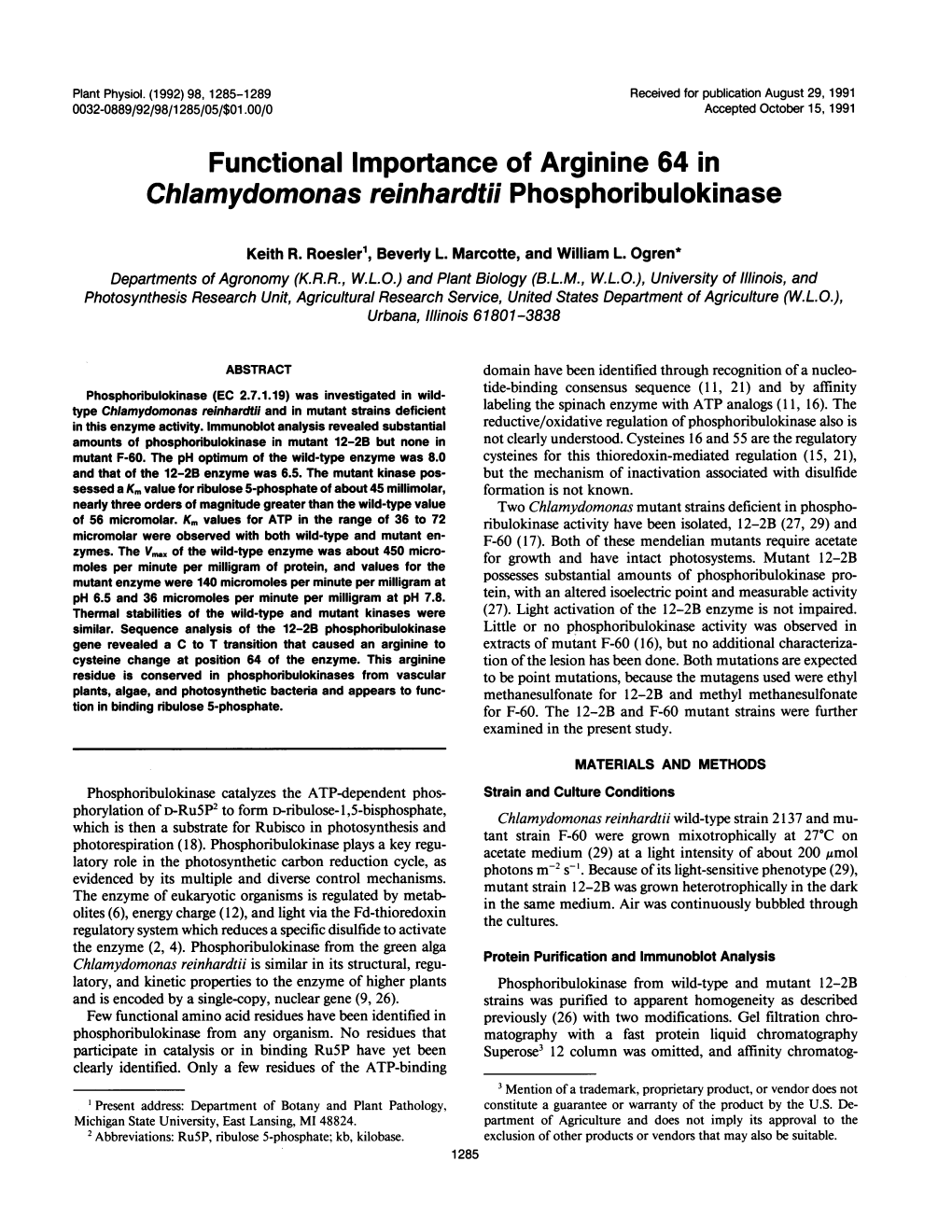 Functional Importance of Arginine 64 in Chiamydomonas Reinhardtii Phosphoribulokinase