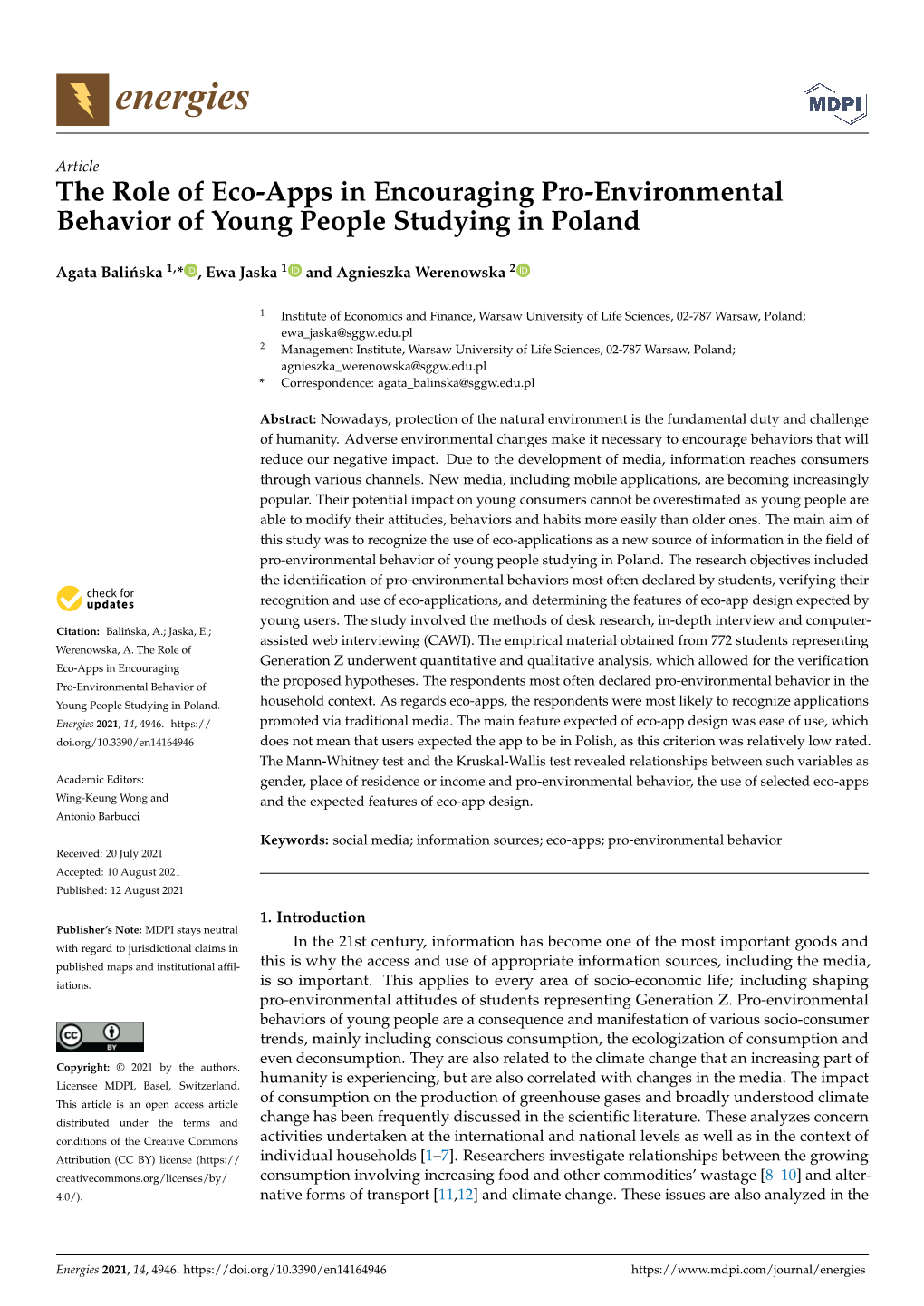 The Role of Eco-Apps in Encouraging Pro-Environmental Behavior of Young People Studying in Poland