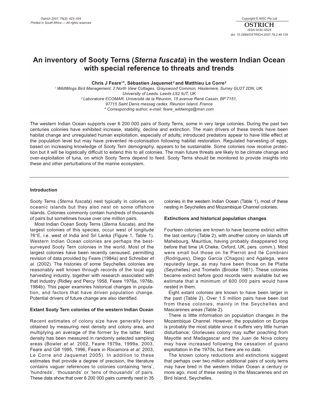 An Inventory of Sooty Terns (Sterna Fuscata) in the Western Indian Ocean with Special Reference to Threats and Trends