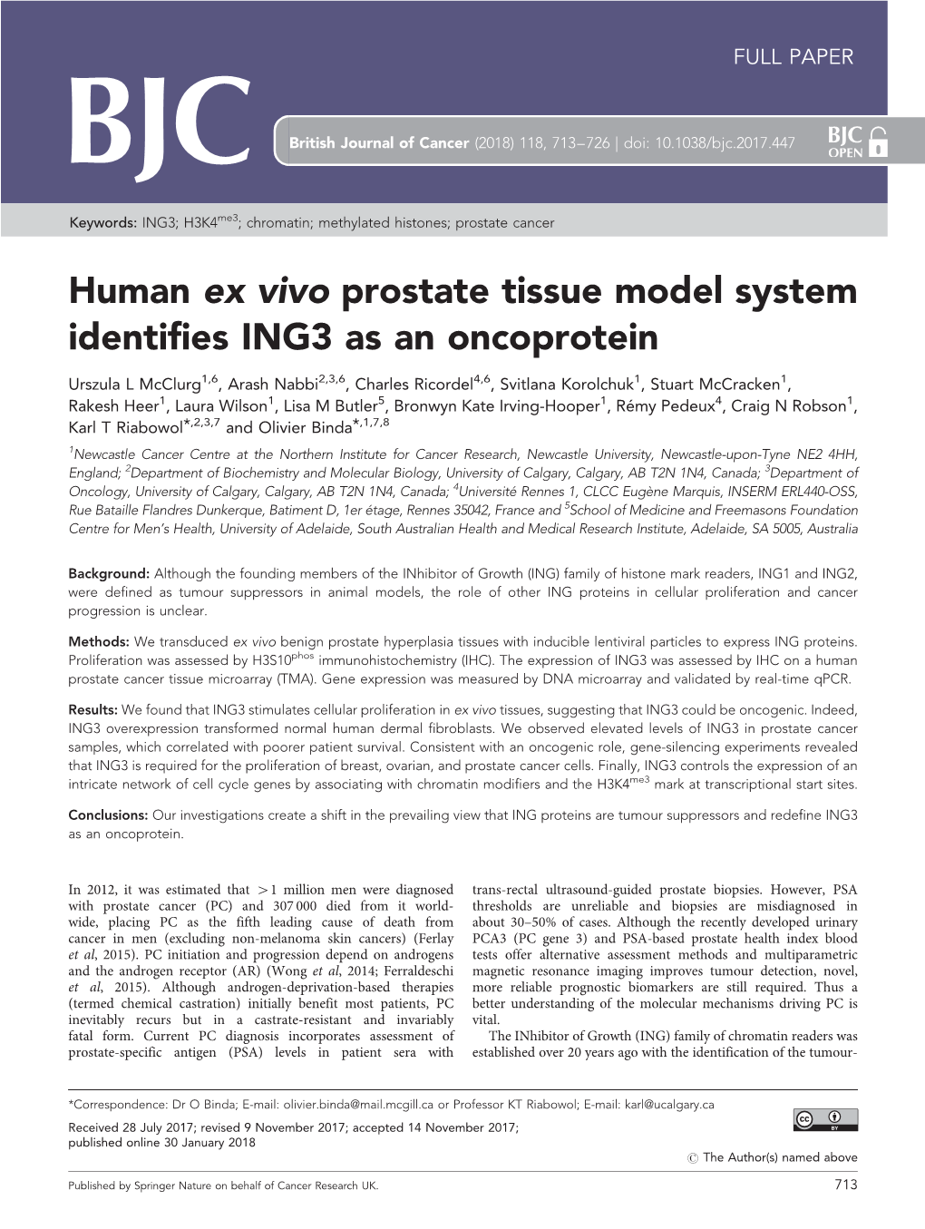 Human Ex Vivo Prostate Tissue Model System Identifies ING3 As an Oncoprotein