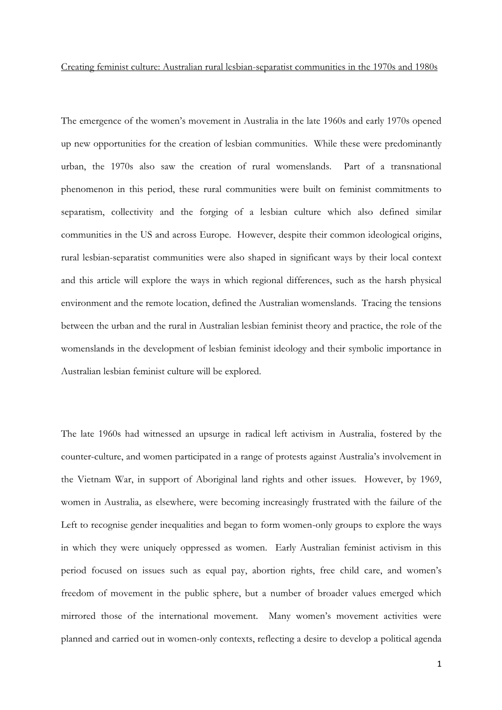 Creating Feminist Culture: Australian Rural Lesbian-Separatist Communities in the 1970S and 1980S