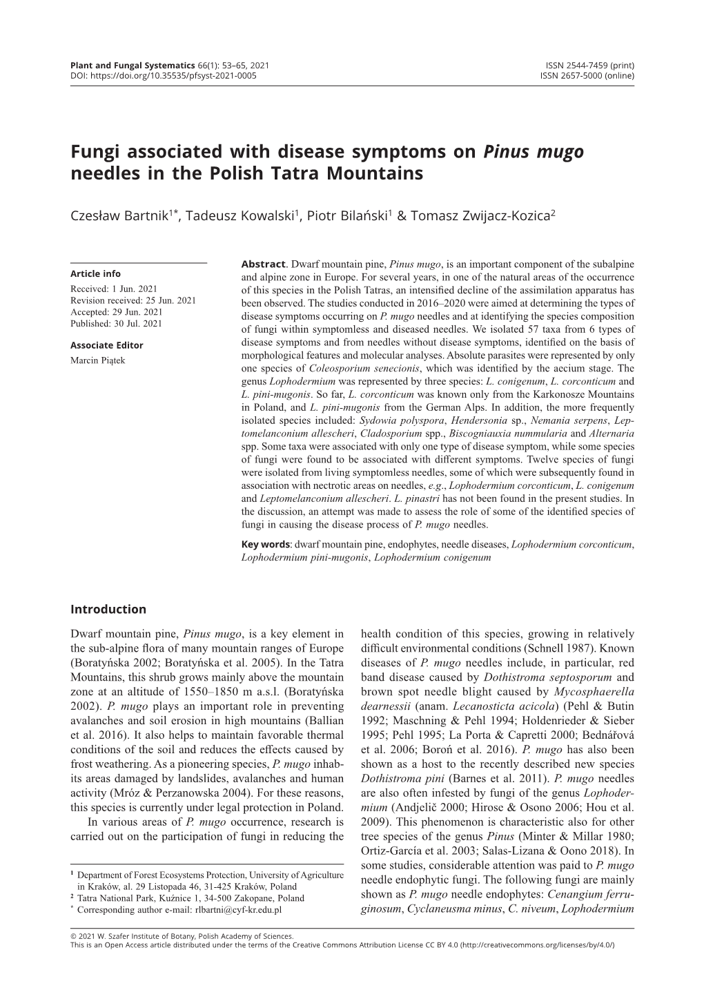 Fungi Associated with Disease Symptoms on Pinus Mugo Needles in the Polish Tatra Mountains