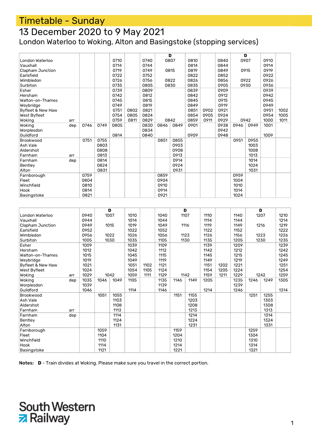 Timetable - Sunday 13 December 2020 to 9 May 2021 London Waterloo to Woking, Alton and Basingstoke (Stopping Services)