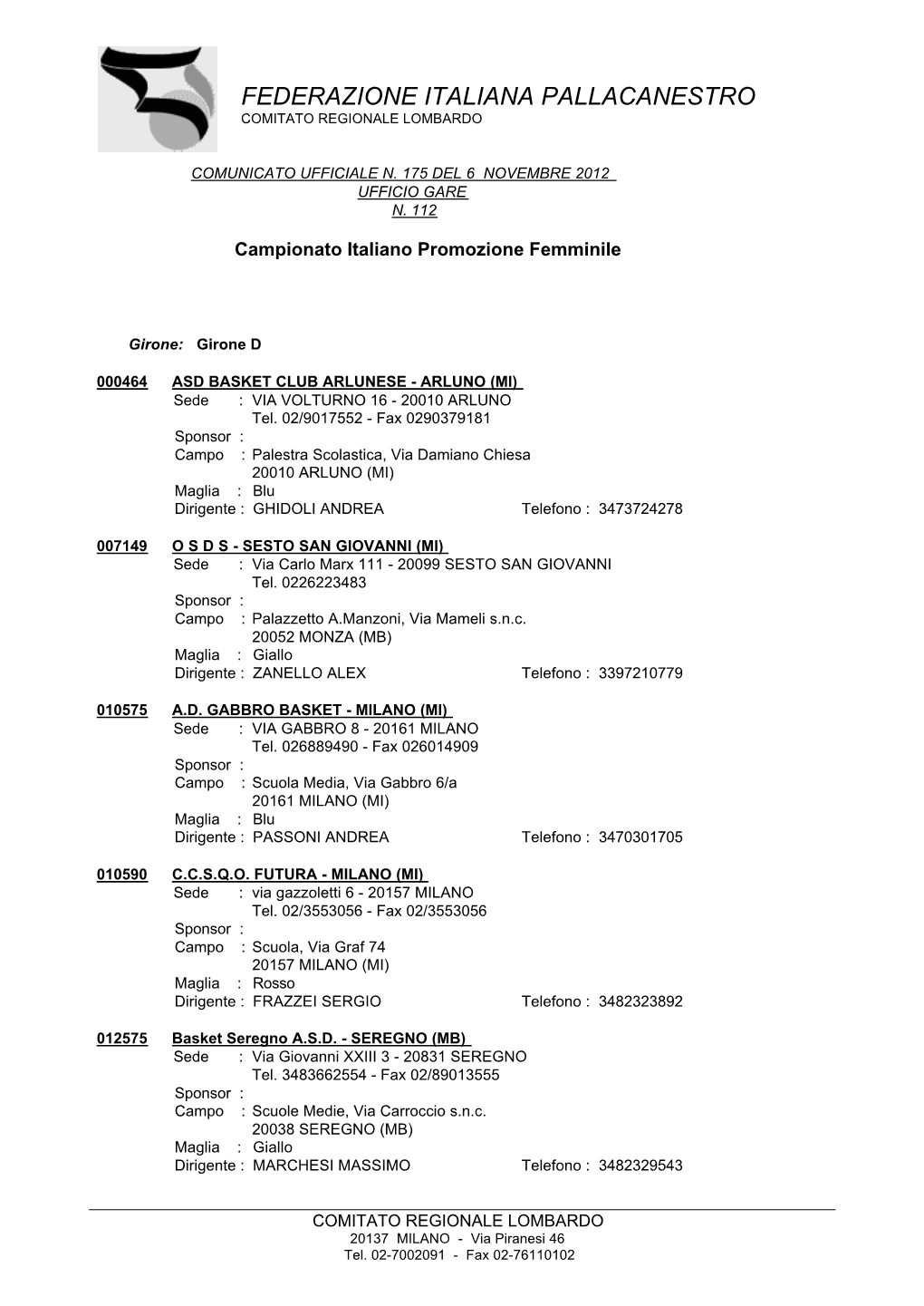 Federazione Italiana Pallacanestro Comitato Regionale Lombardo