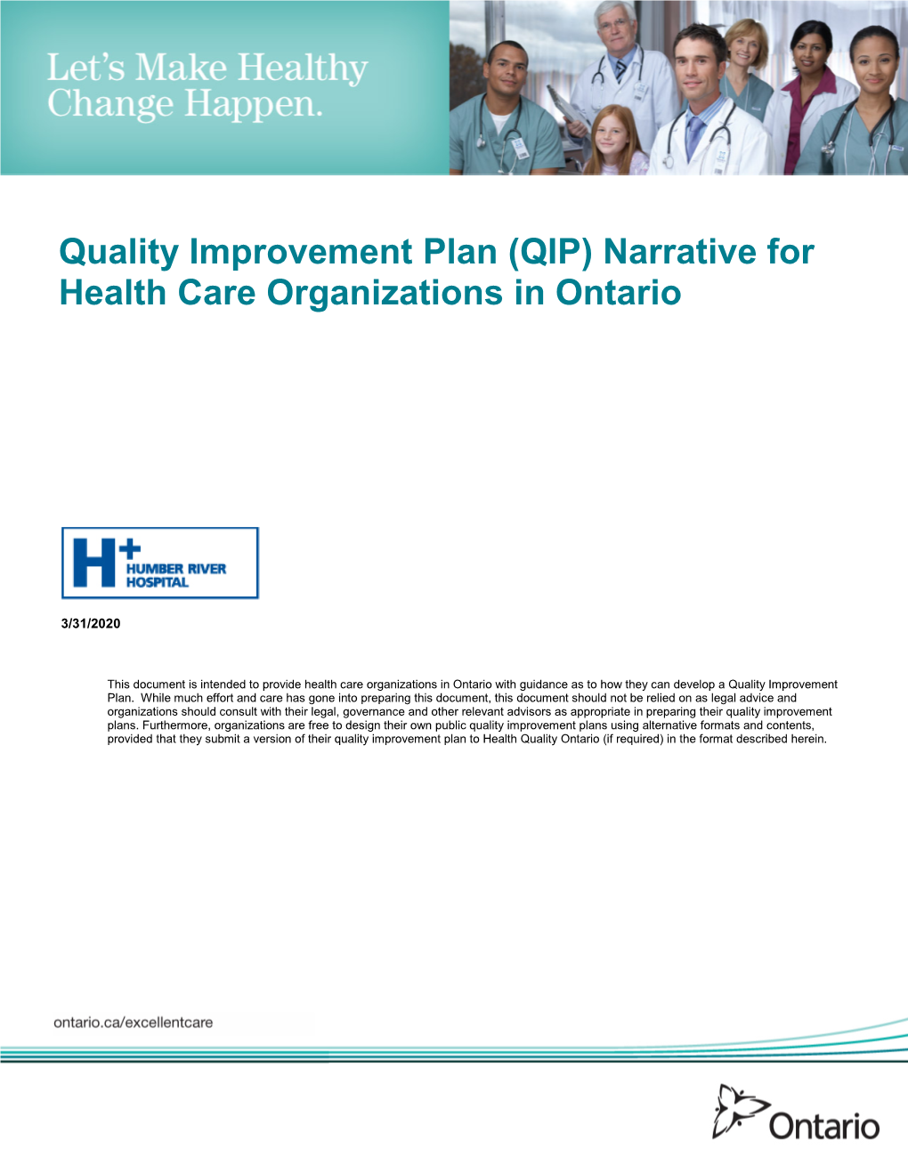 Quality Improvement Plan (QIP) Narrative for Health Care Organizations in Ontario