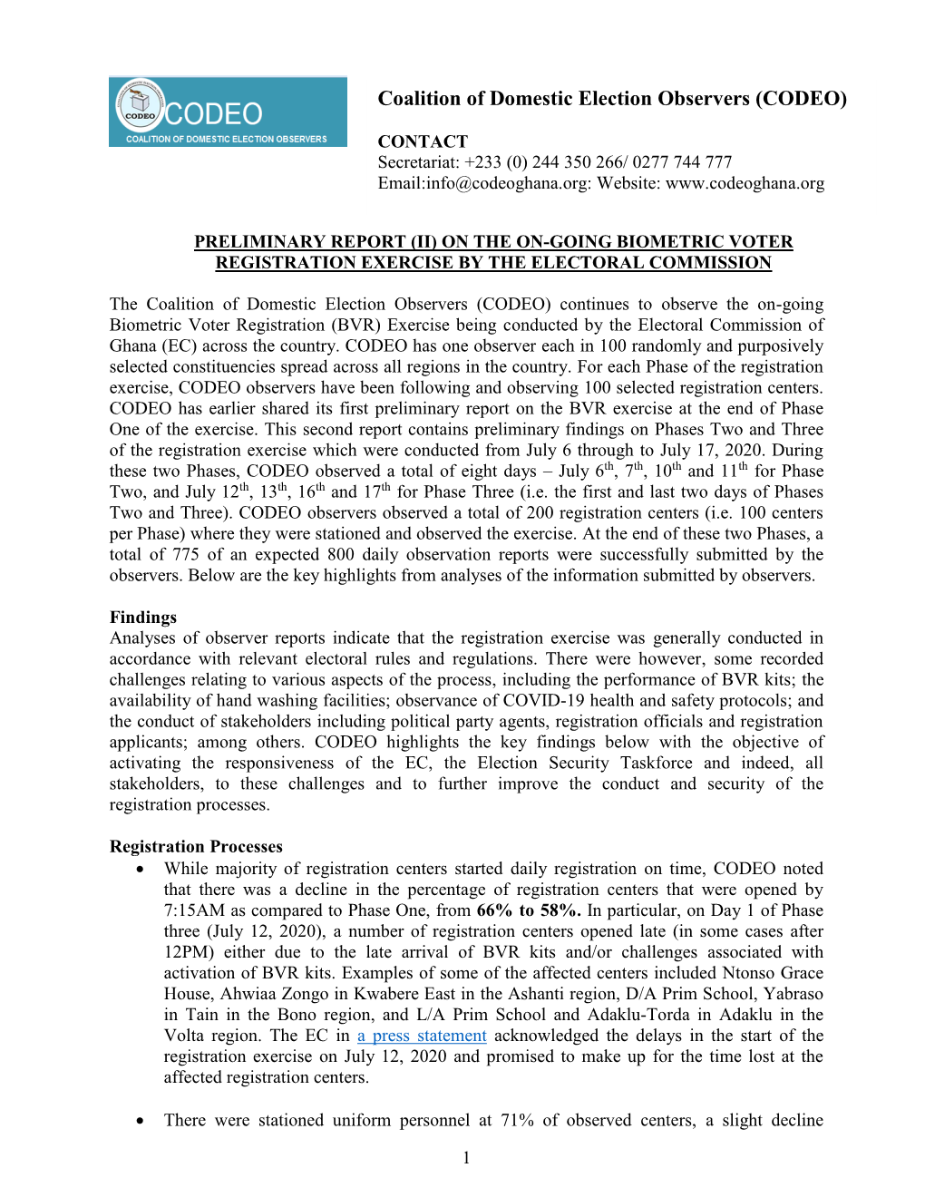 Second Preliminary Report on On-Going Biometric Voter Registration Exercise by the Electoral Commission