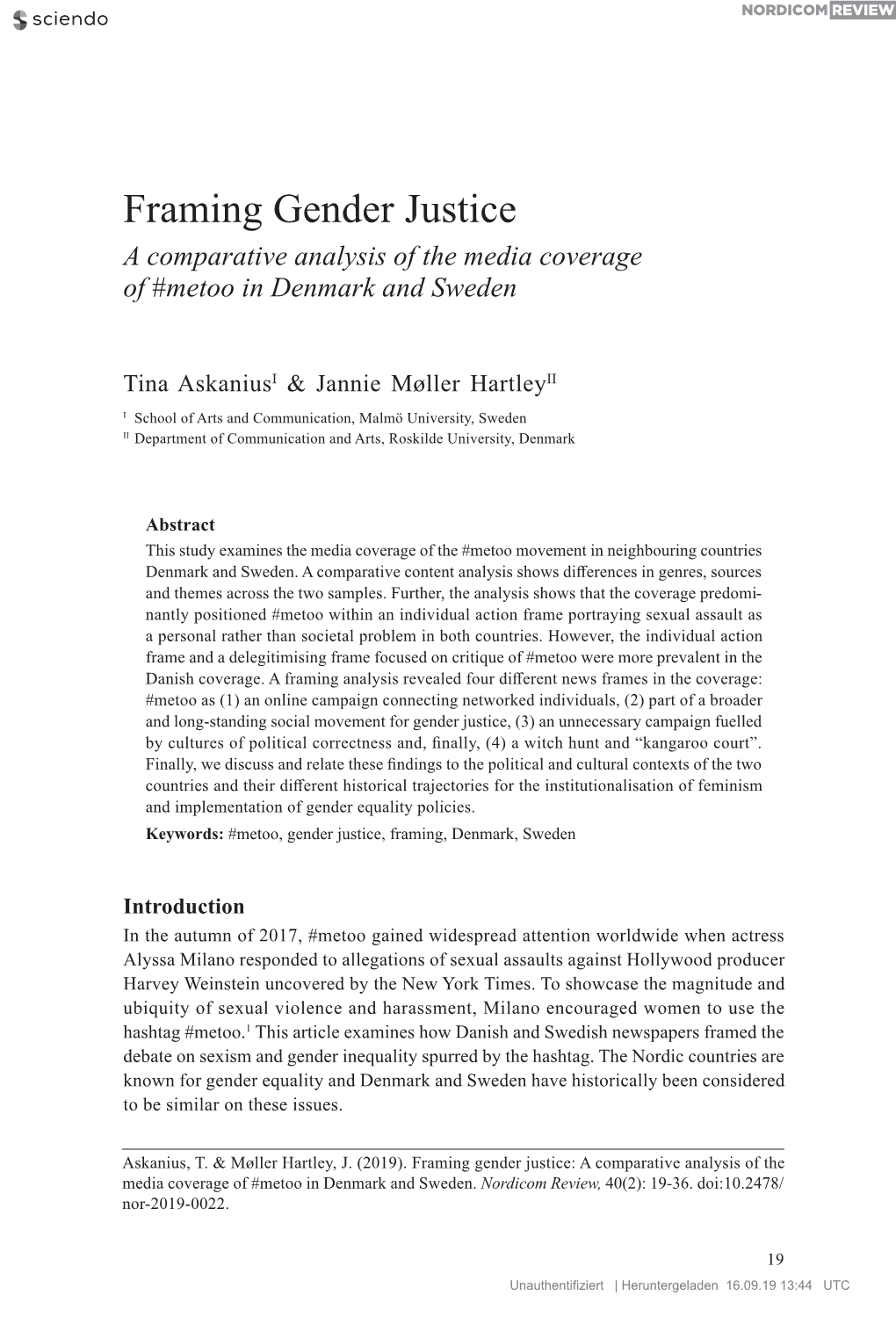 Framing Gender Justice a Comparative Analysis of the Media Coverage of #Metoo in Denmark and Sweden