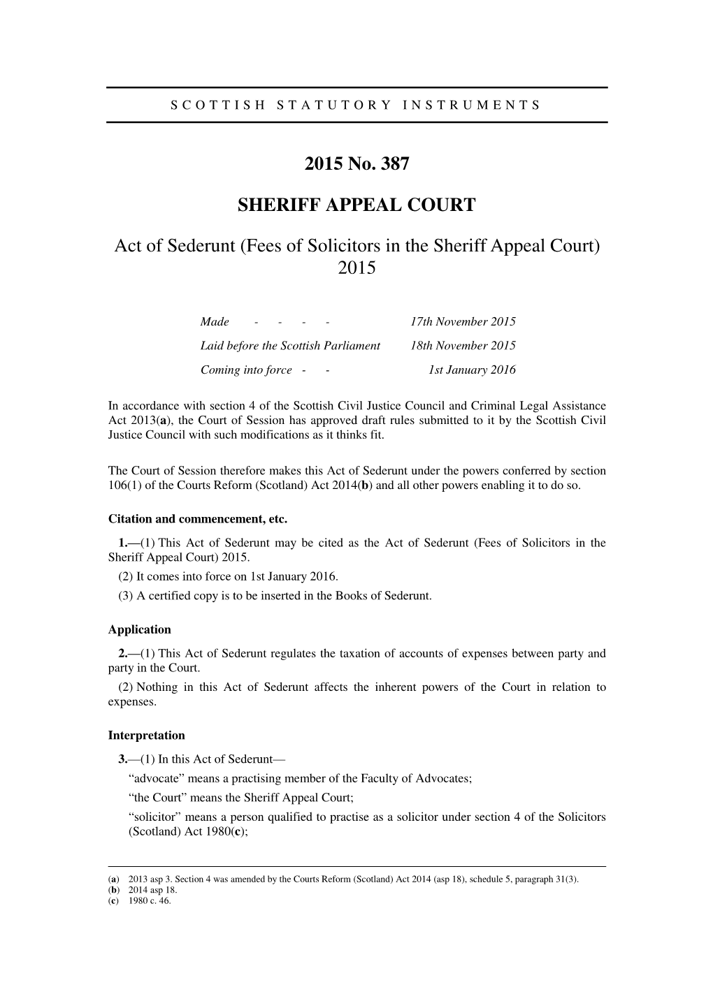 Act of Sederunt (Fees of Solicitors in the Sheriff Appeal Court) 2015