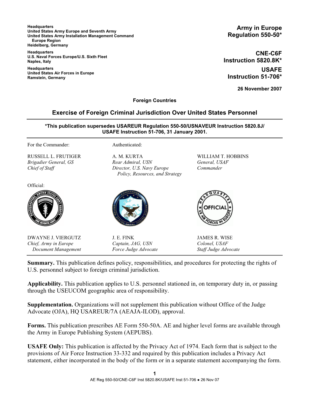 Army in Europe Regulation 550-50