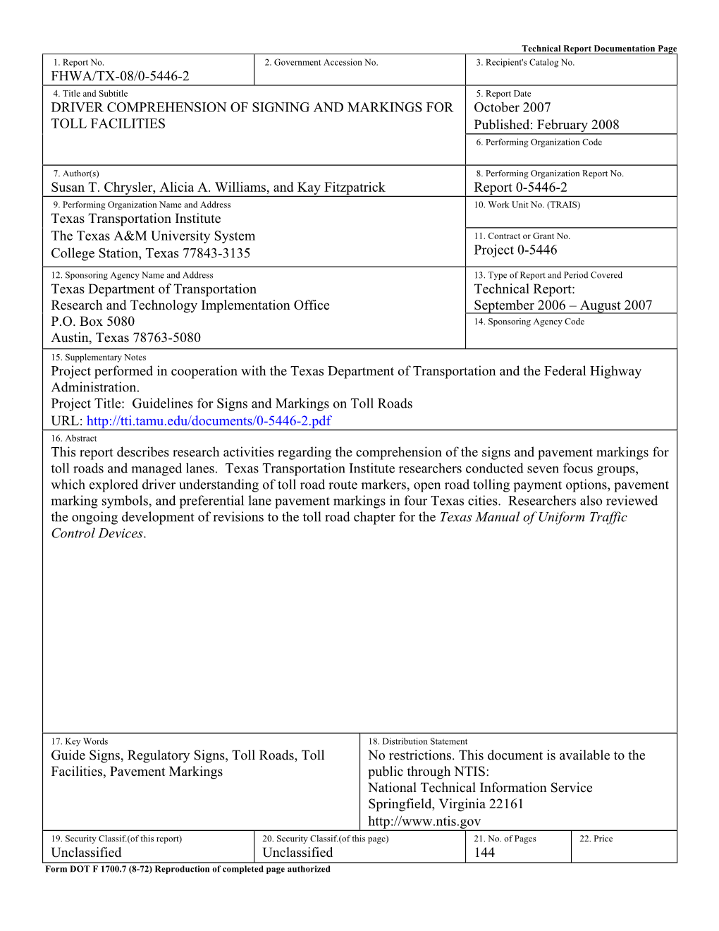 Driver Comprehension of Signing and Markings for Toll Facilities