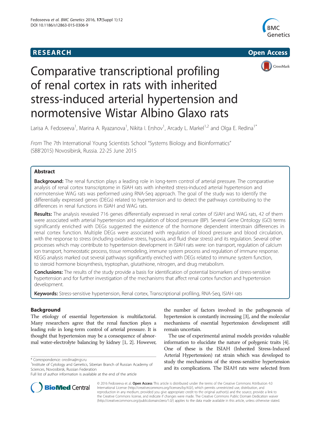 Comparative Transcriptional Profiling of Renal Cortex in Rats with Inherited Stress-Induced Arterial Hypertension and Normotensive Wistar Albino Glaxo Rats Larisa A