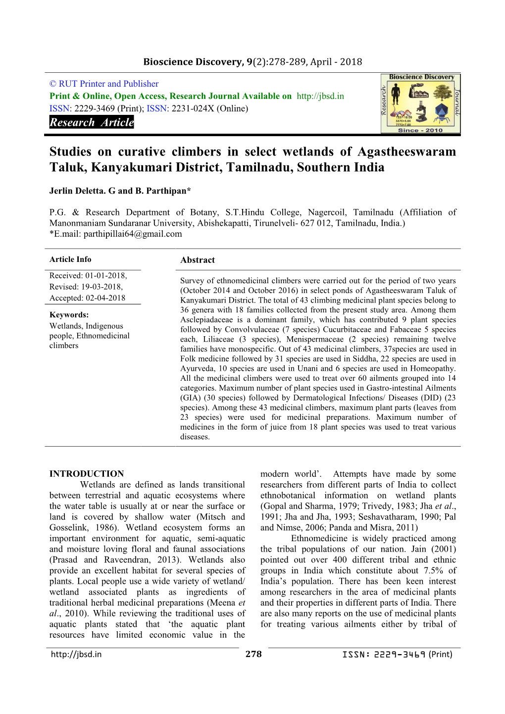 Studies on Curative Climbers in Select Wetlands of Agastheeswaram Taluk, Kanyakumari District, Tamilnadu, Southern India