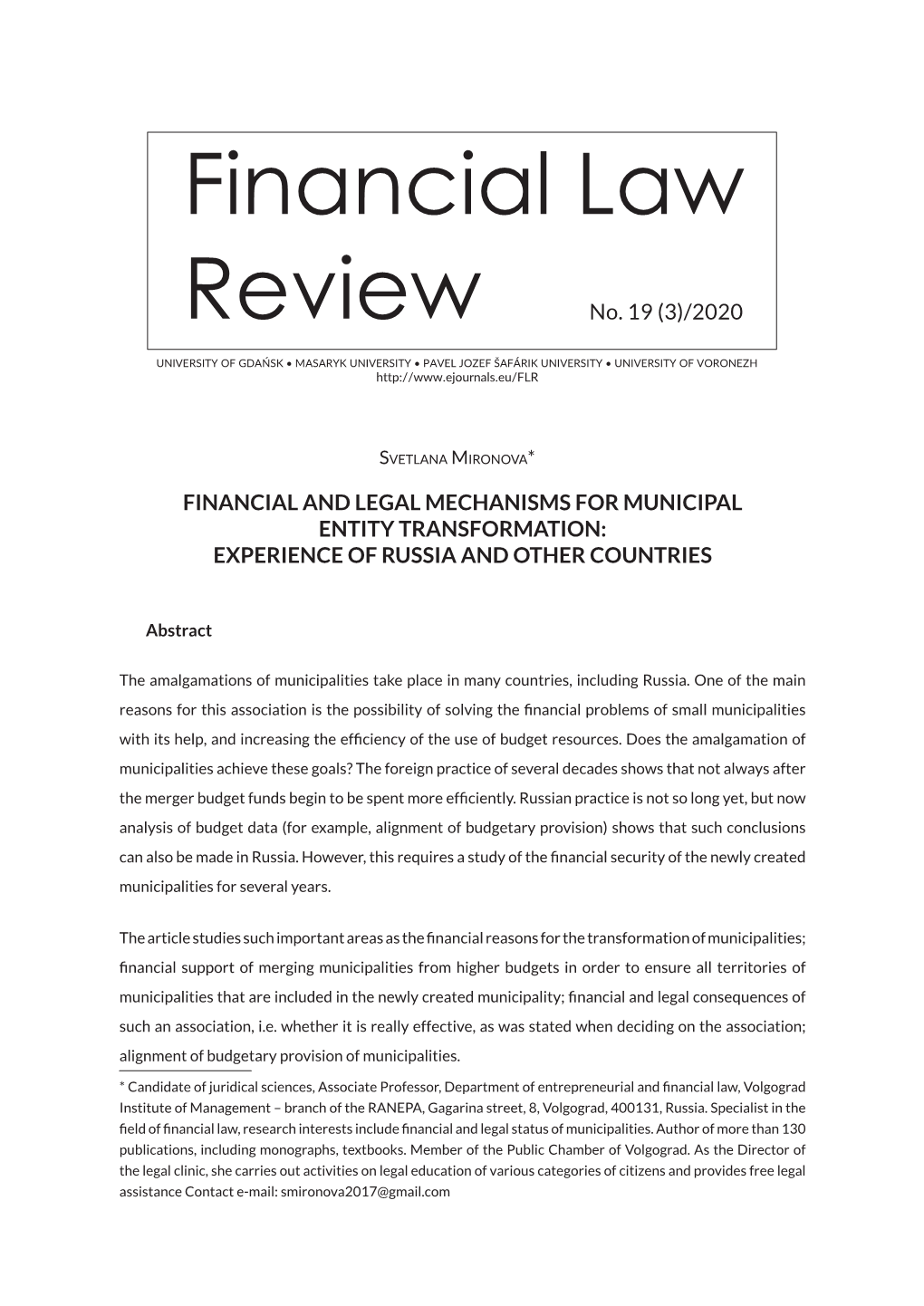 Financial and Legal Mechanisms for Municipal Entity Transformation: Experience of Russia and Other Countries