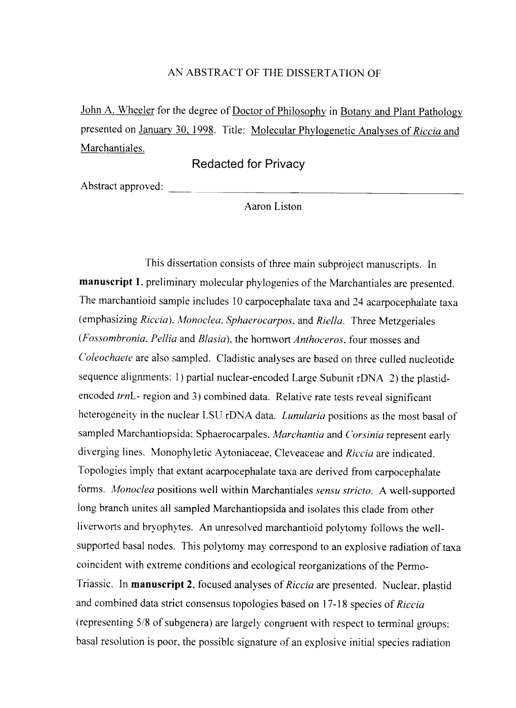 Molecular Phylogenetic Analyses of Riccia and Marchantiales