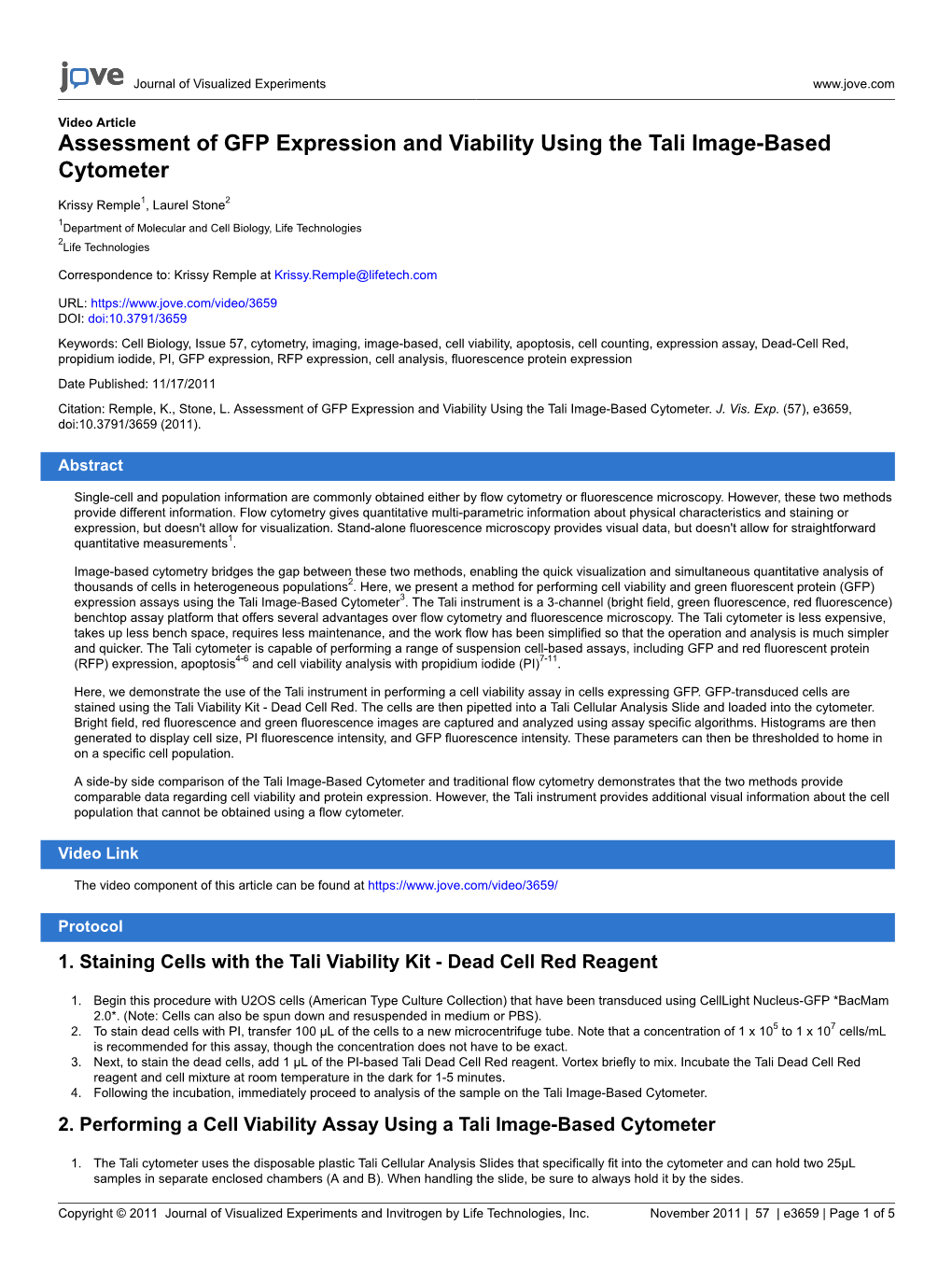 Assessment of GFP Expression and Viability Using the Tali Image-Based Cytometer