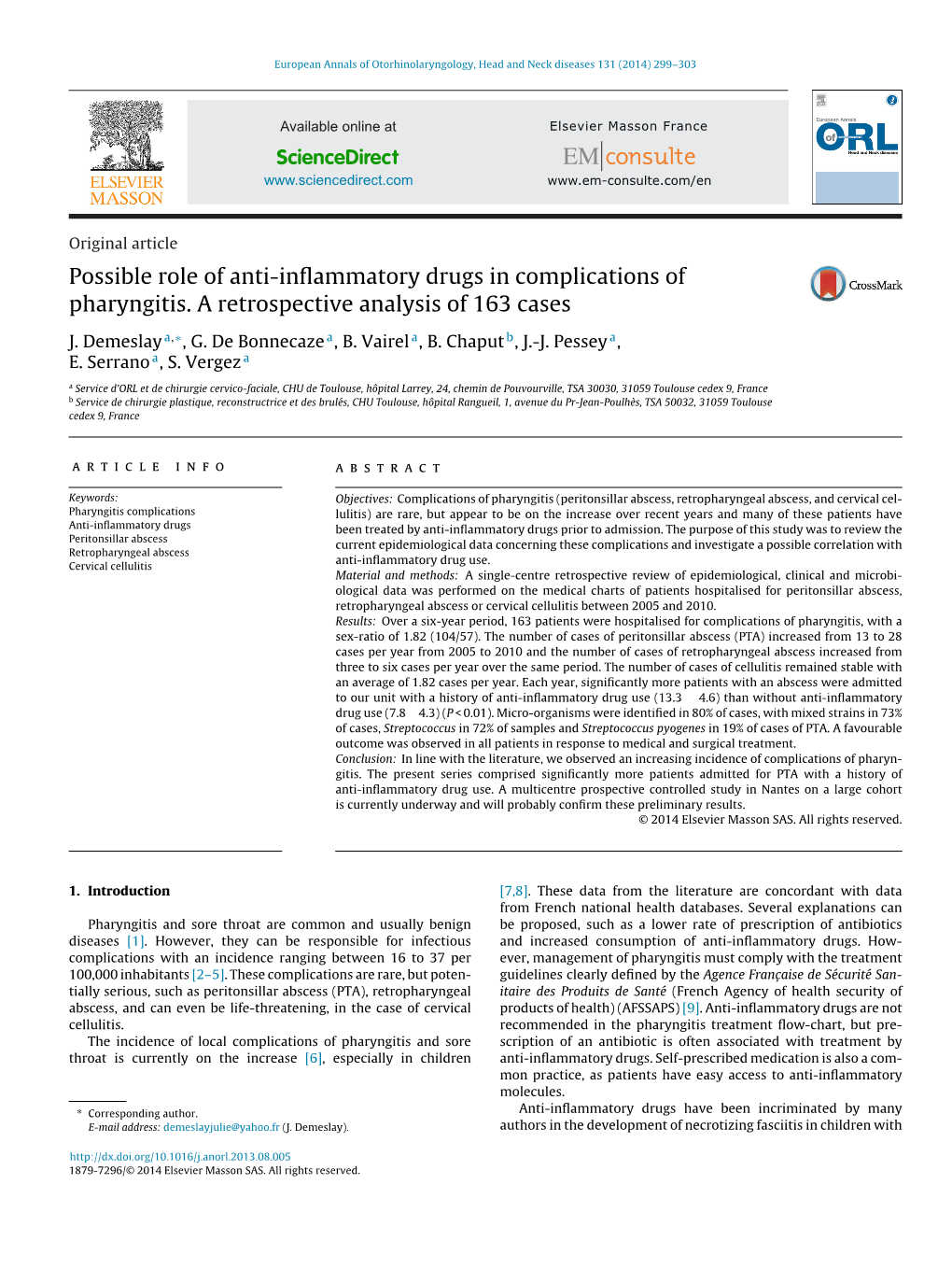 Possible Role of Anti-Inflammatory Drugs in Complications of Pharyngitis. a Retrospective Analysis of 163 Cases